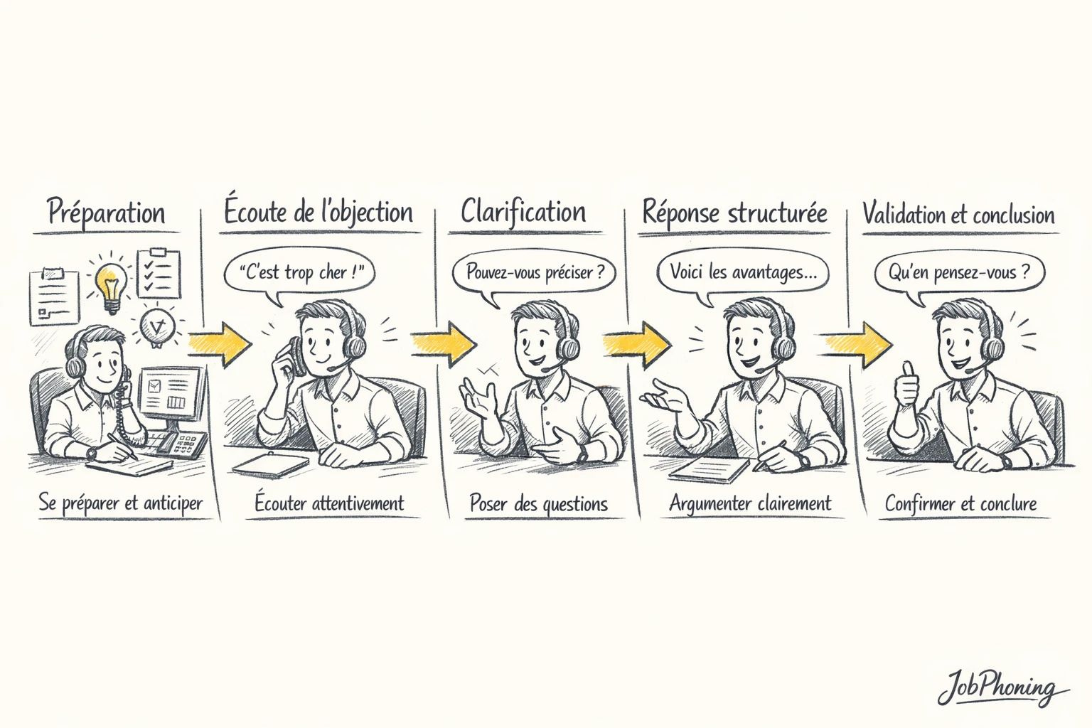 Schéma représentant une méthode structurée de traitement des objections via blocs reliés et flèches séquentielles