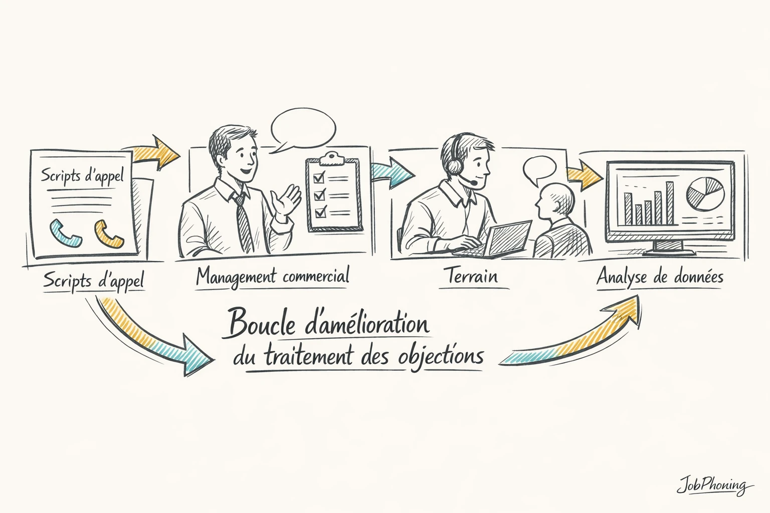 Schéma représentant la gestion des objections via un cercle d’éléments reliés autour d’un noyau central.
