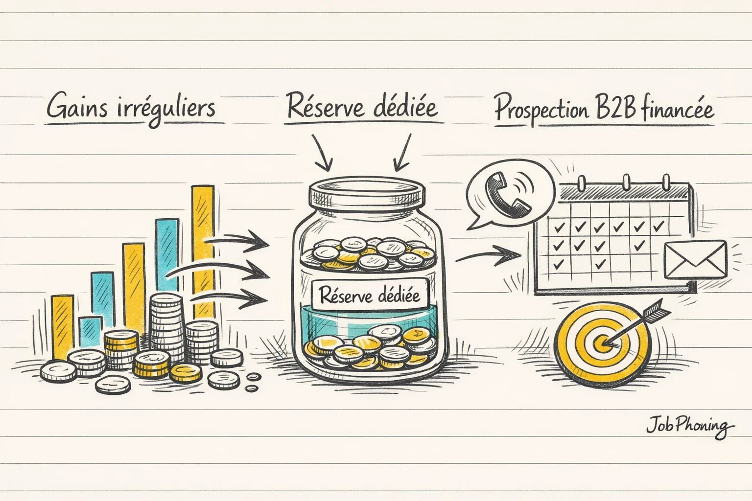 Schéma représentant la structuration d’épargne projetée via flèches, blocs revenus, réserve dédiée et tableau de