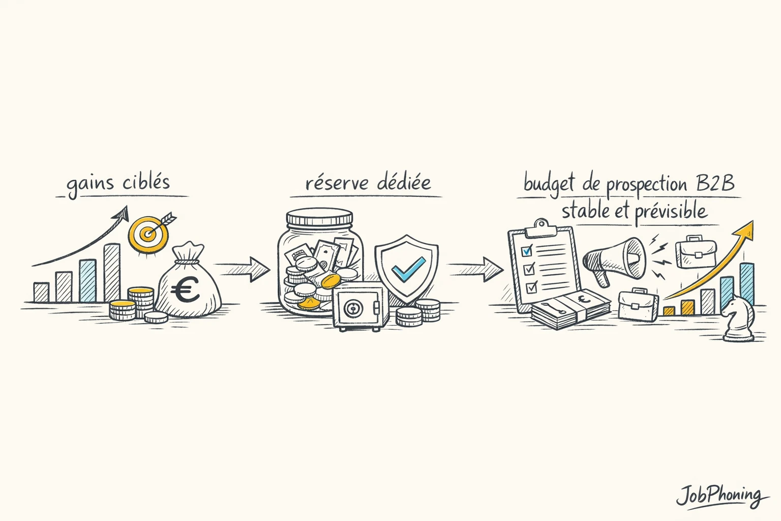 Schéma représentant l’affectation d’un surplus de revenus vers un budget de prospection via pipeline, réservoir