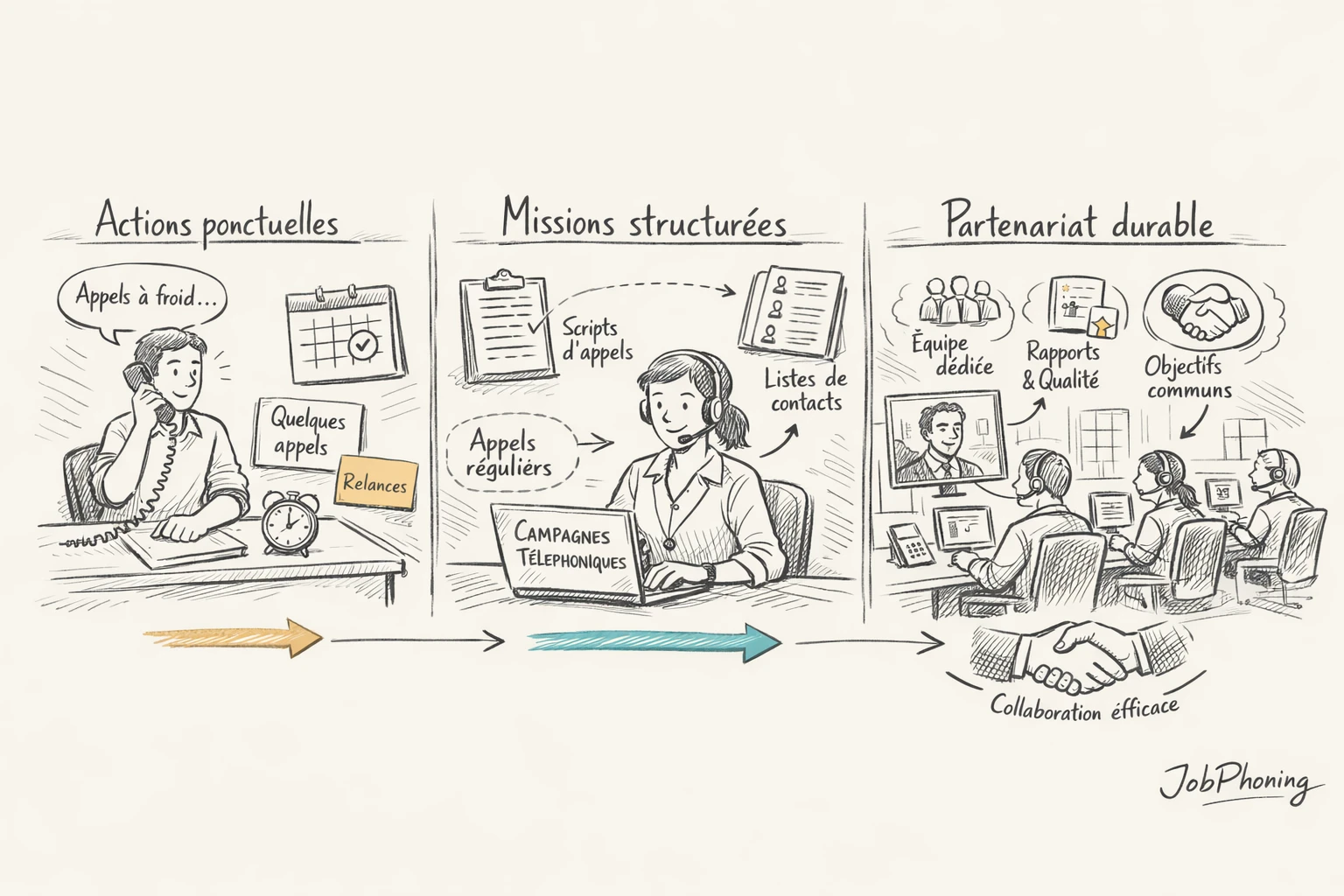 Schéma représentant l’évolution de missions de prospection en partenariat durable via blocs reliés et flèches