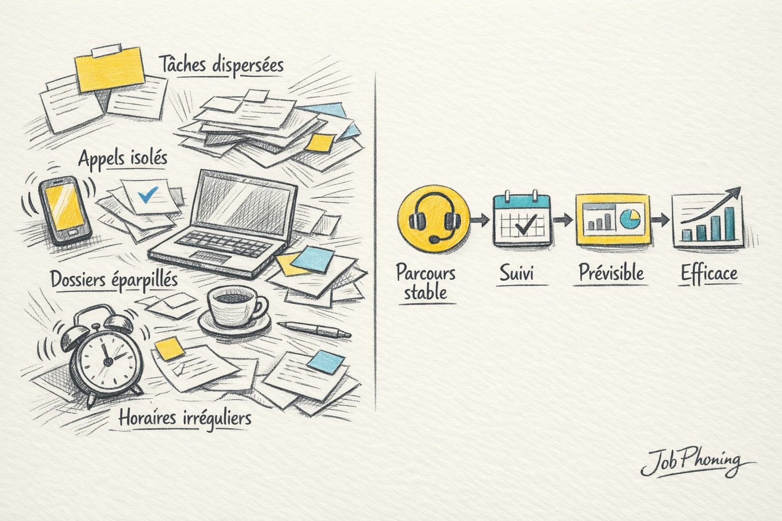 Infographie représentant des parcours de télétravail structurés via colonnes de blocs et connexions géométriques