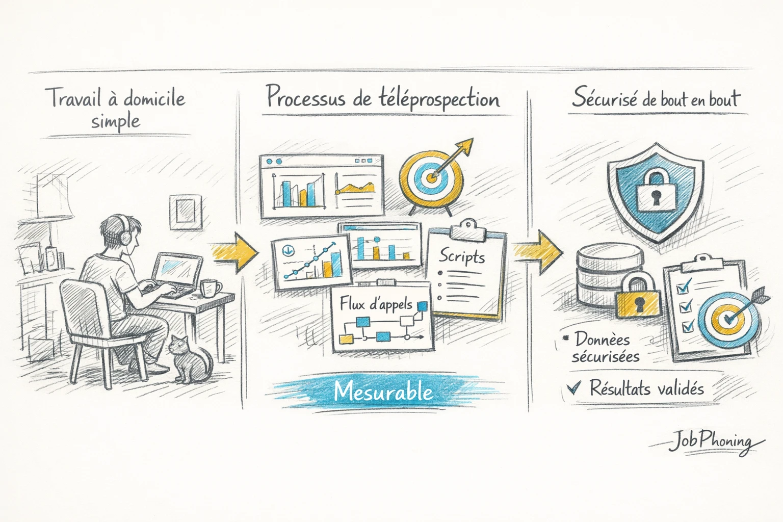 Schéma représentant l’organisation d’une mission de téléprospection à domicile via blocs connectés et flèches successives.