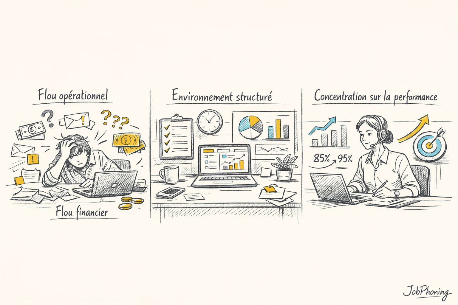 Infographie représentant les difficultés du télétravail via flux désordonné menant vers une plateforme structurée abstraite.