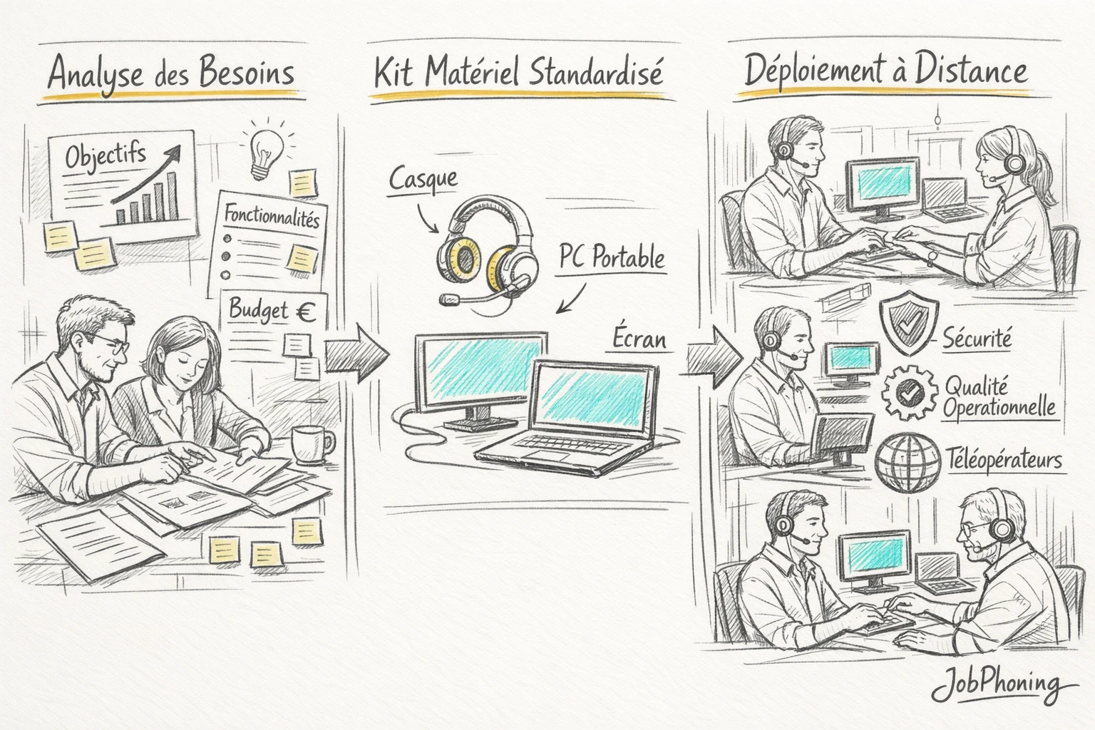 Schéma représentant la structuration des postes à distance via blocs successifs reliés par des flèches