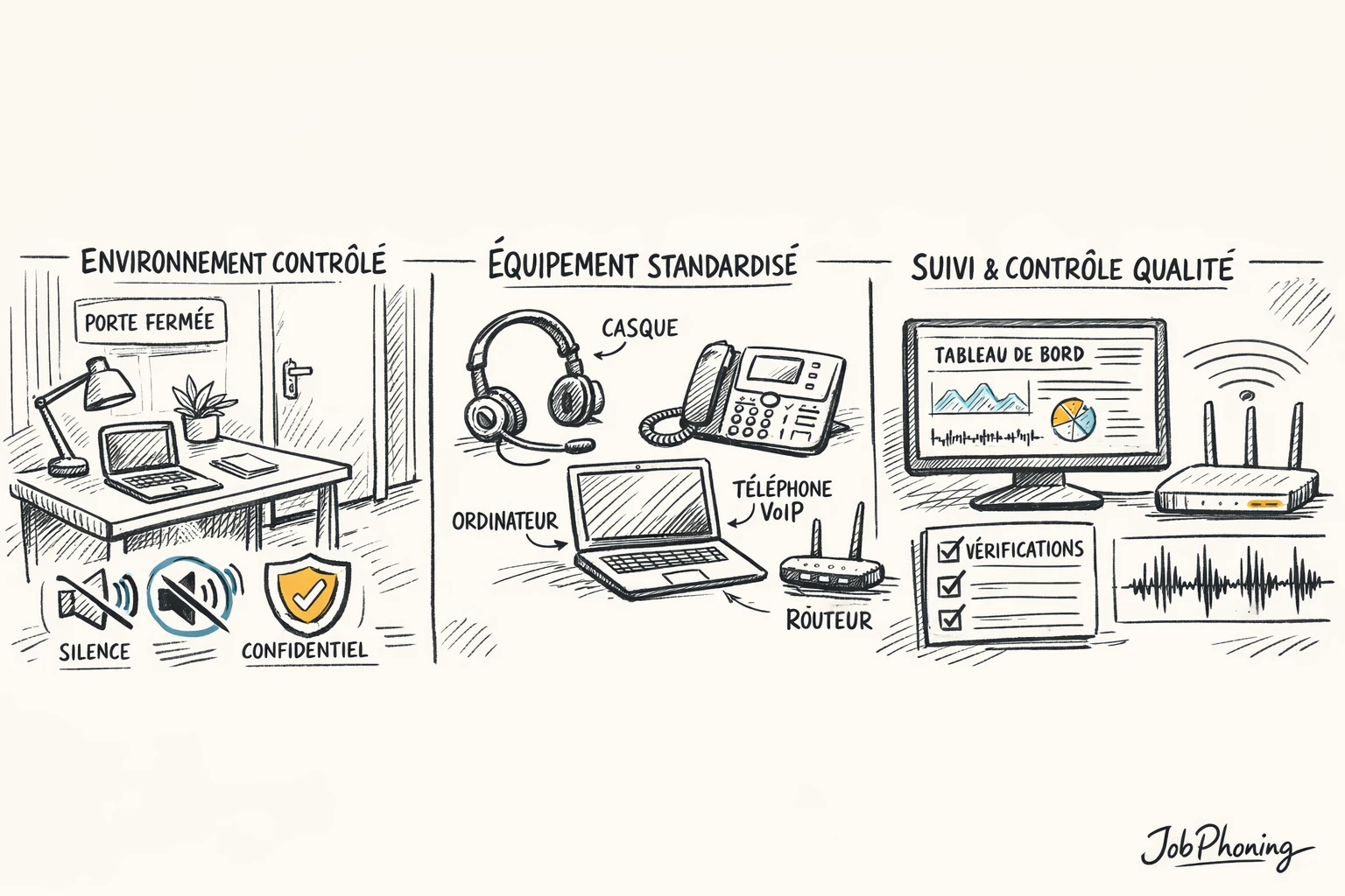 Schéma représentant la sécurisation des appels en télétravail via un enchaînement de blocs et flèches