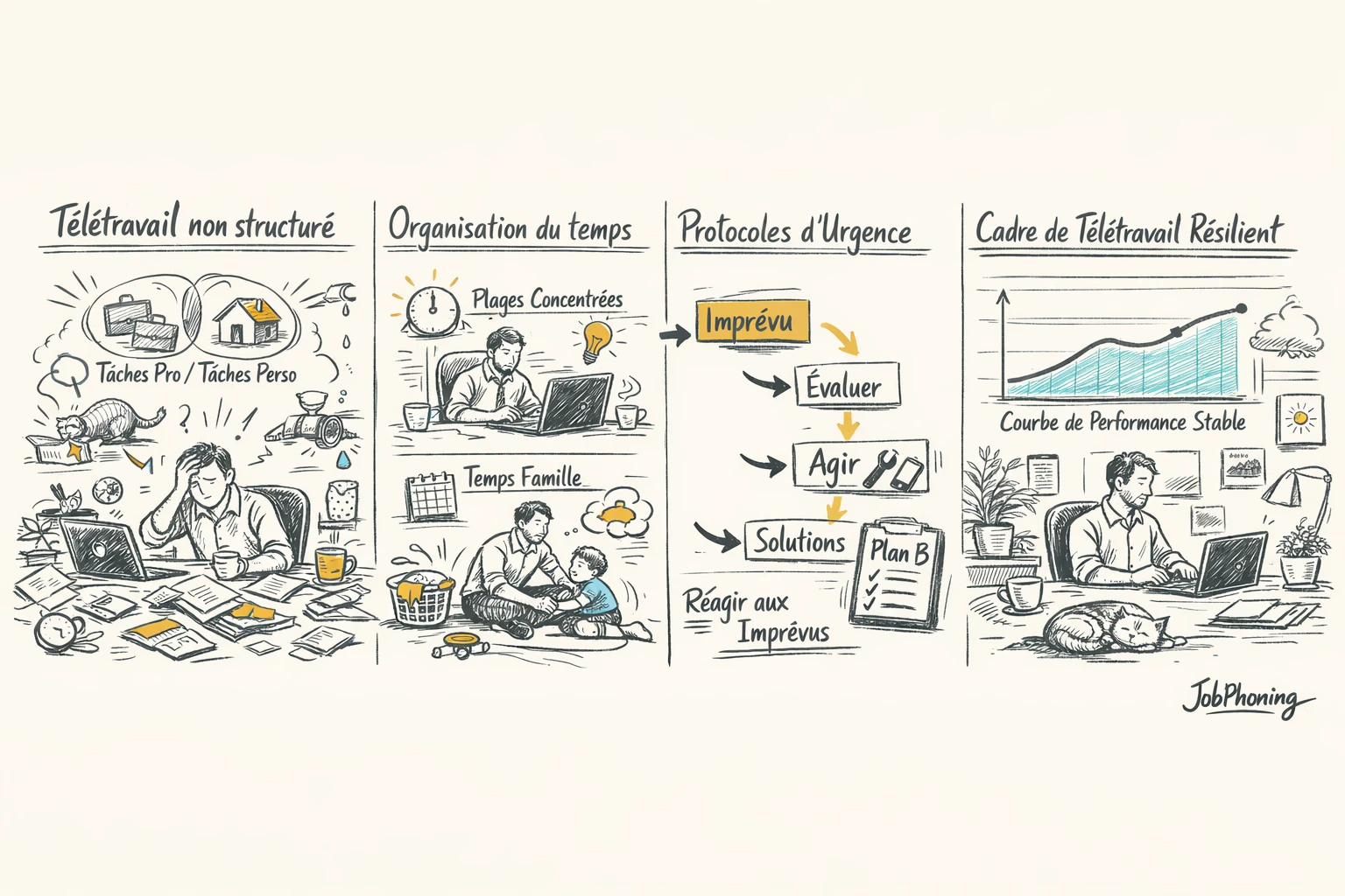 Schéma représentant un cadre de télétravail résilient via étapes reliées, blocs colorés et flèches séquentielles.