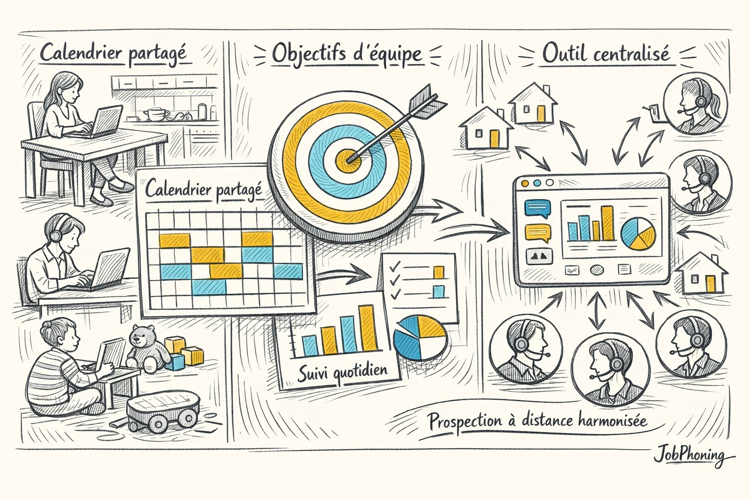 Schéma représentant l’organisation du télétravail commercial via calendrier central, maisons stylisées et cibles connectées