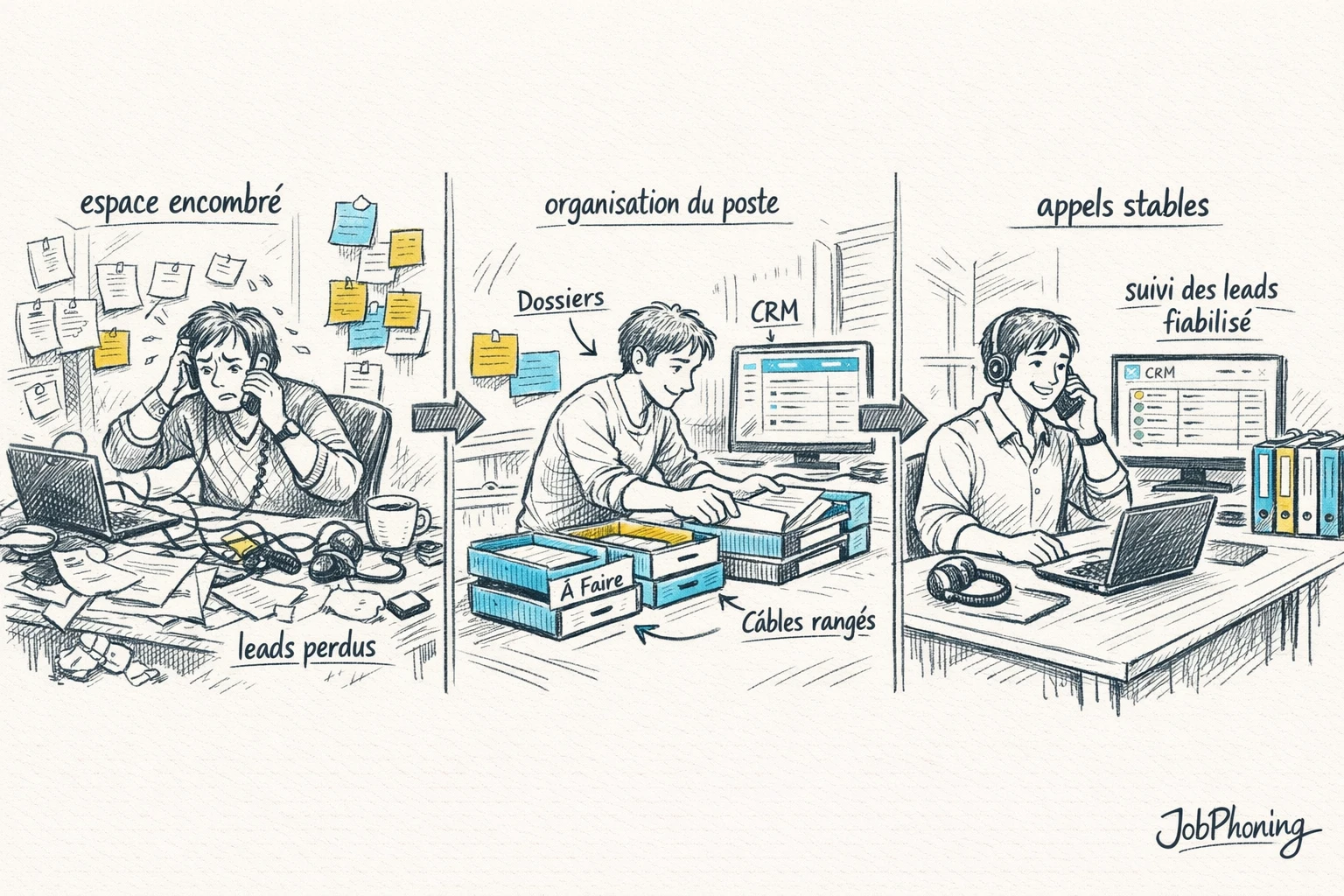 Infographie représentant l’impact d’un bureau organisé sur les appels via deux zones contrastées et un