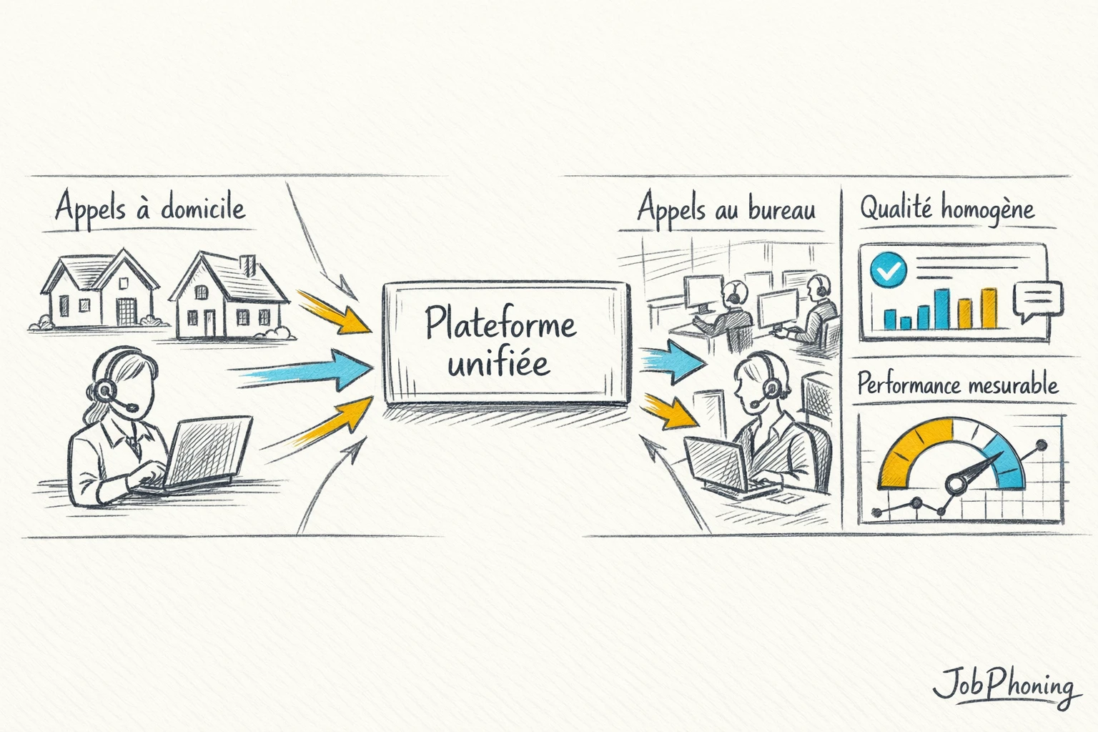 Schéma représentant l’intégration des appels domicile-bureau via hub central, flux de lignes et blocs géométriques