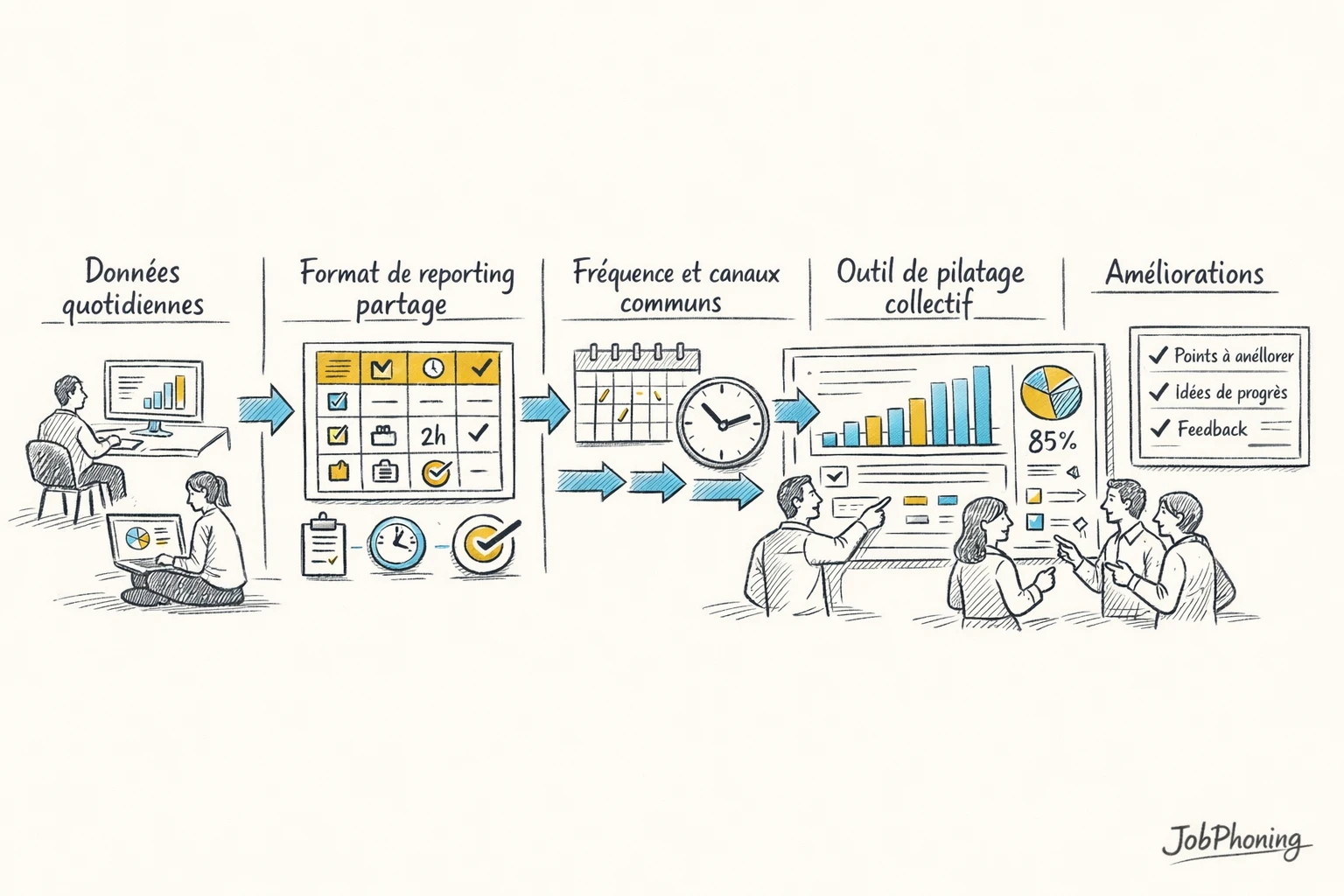 Schéma représentant un reporting simple à distance via flux d’étapes reliées et blocs géométriques colorés.