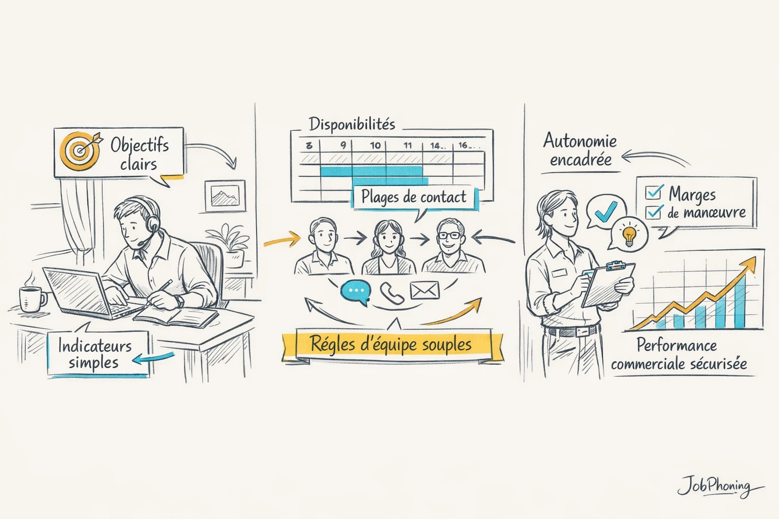 Schéma représentant un cadre flexible du télétravail via blocs reliés et flèches organisées.