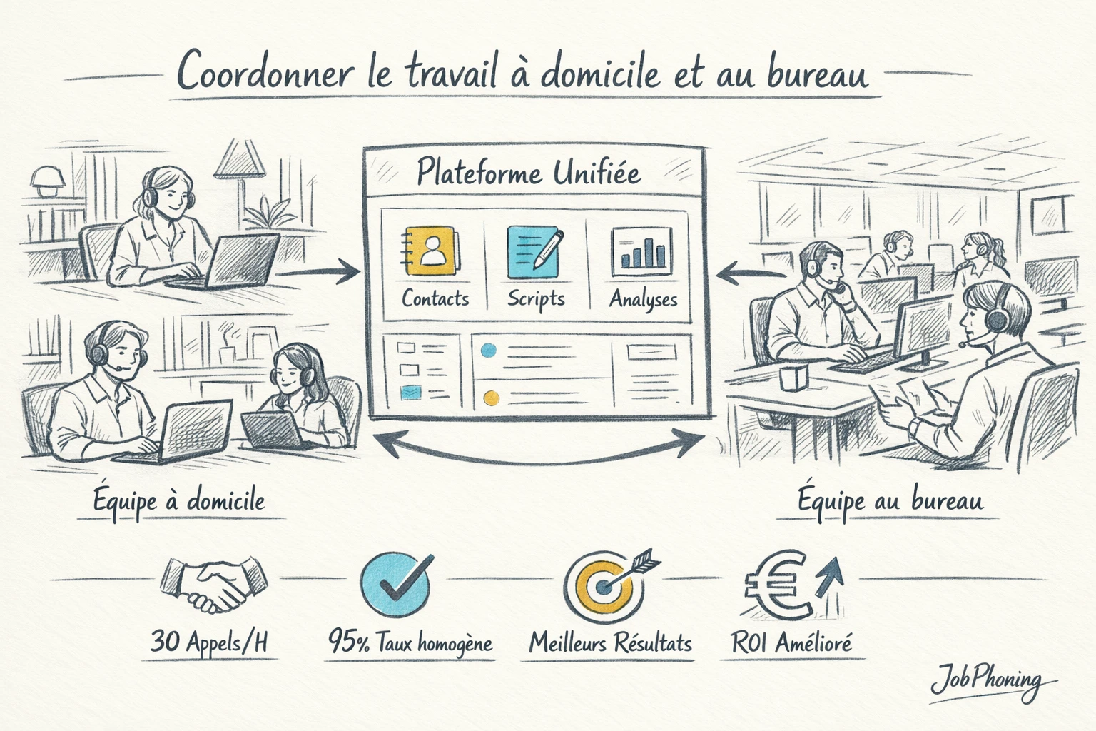 Schéma représentant l’organisation hybride des appels B2B via plateforme centrale, écrans, maisons et bureaux reliés.