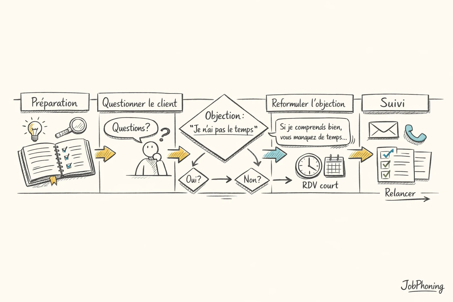 Schéma représentant une formation téléprospection structurée via blocs reliés et flèches séquentielles