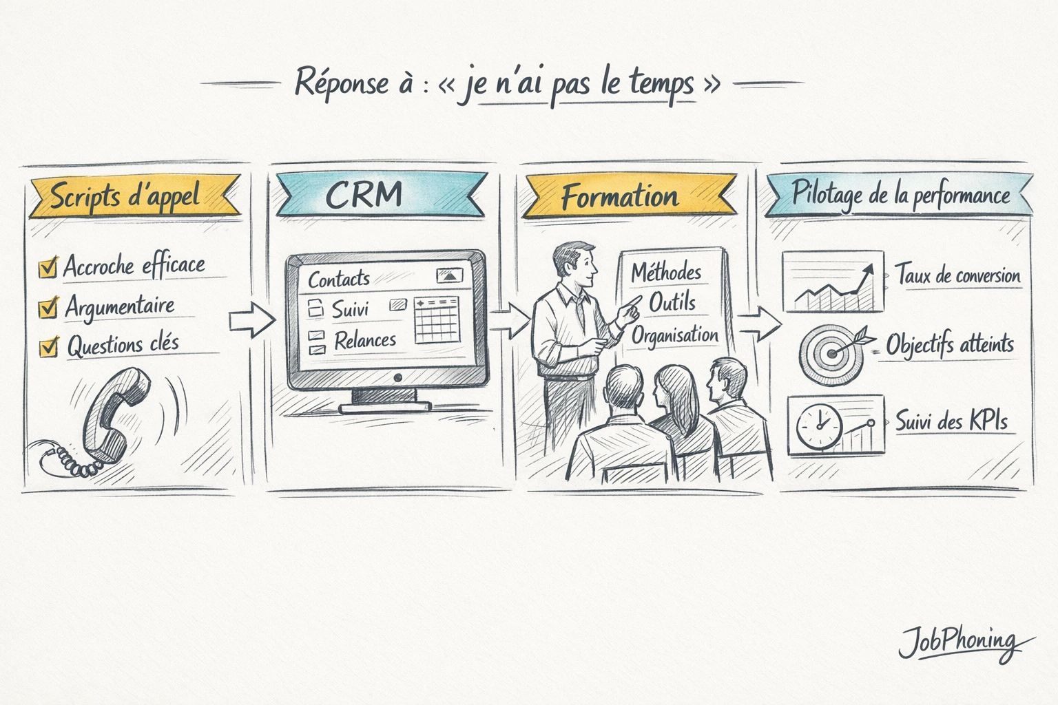 Infographie représentant la gestion d’une objection temps via pipeline central et blocs reliés.