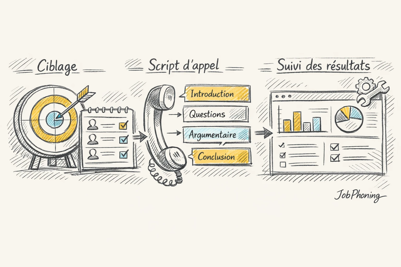 Schéma représentant un dispositif d’appels sortants structuré via blocs reliés et flèches séquentielles.