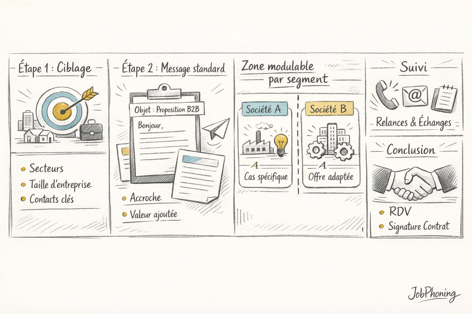 Schéma représentant un processus de prospection B2B personnalisable via blocs reliés, flèches et rectangles abstraits