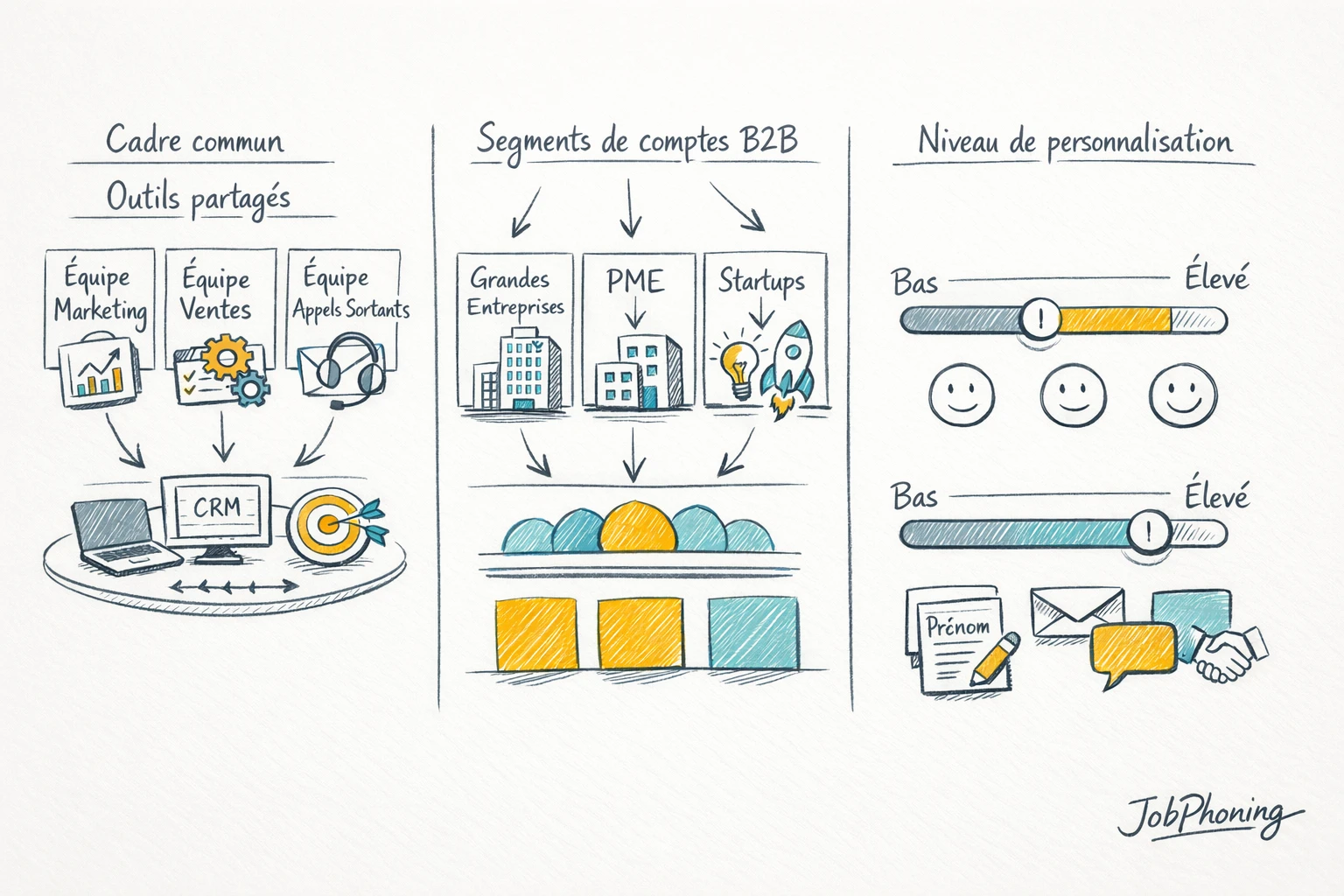 Infographie représentant l’alignement marketing-ventes via un hub central relié à trois blocs canaux stylisés.