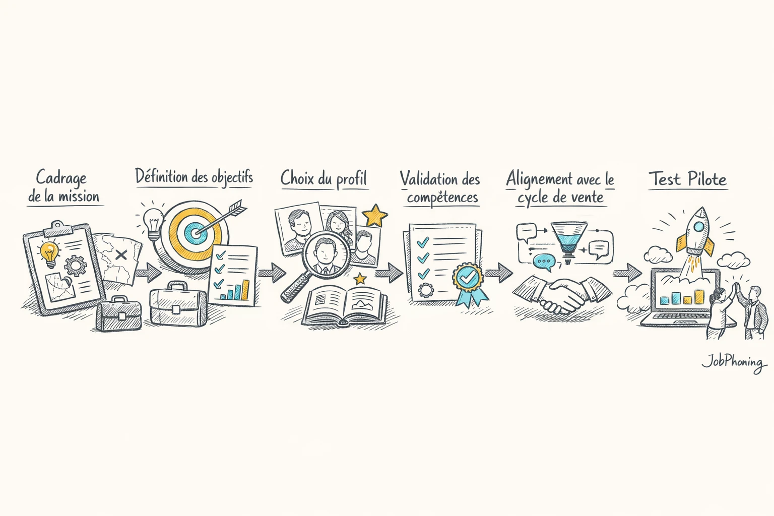 Schéma représentant la sélection d’un freelance commercial via un enchaînement d’étapes géométriques reliées par des