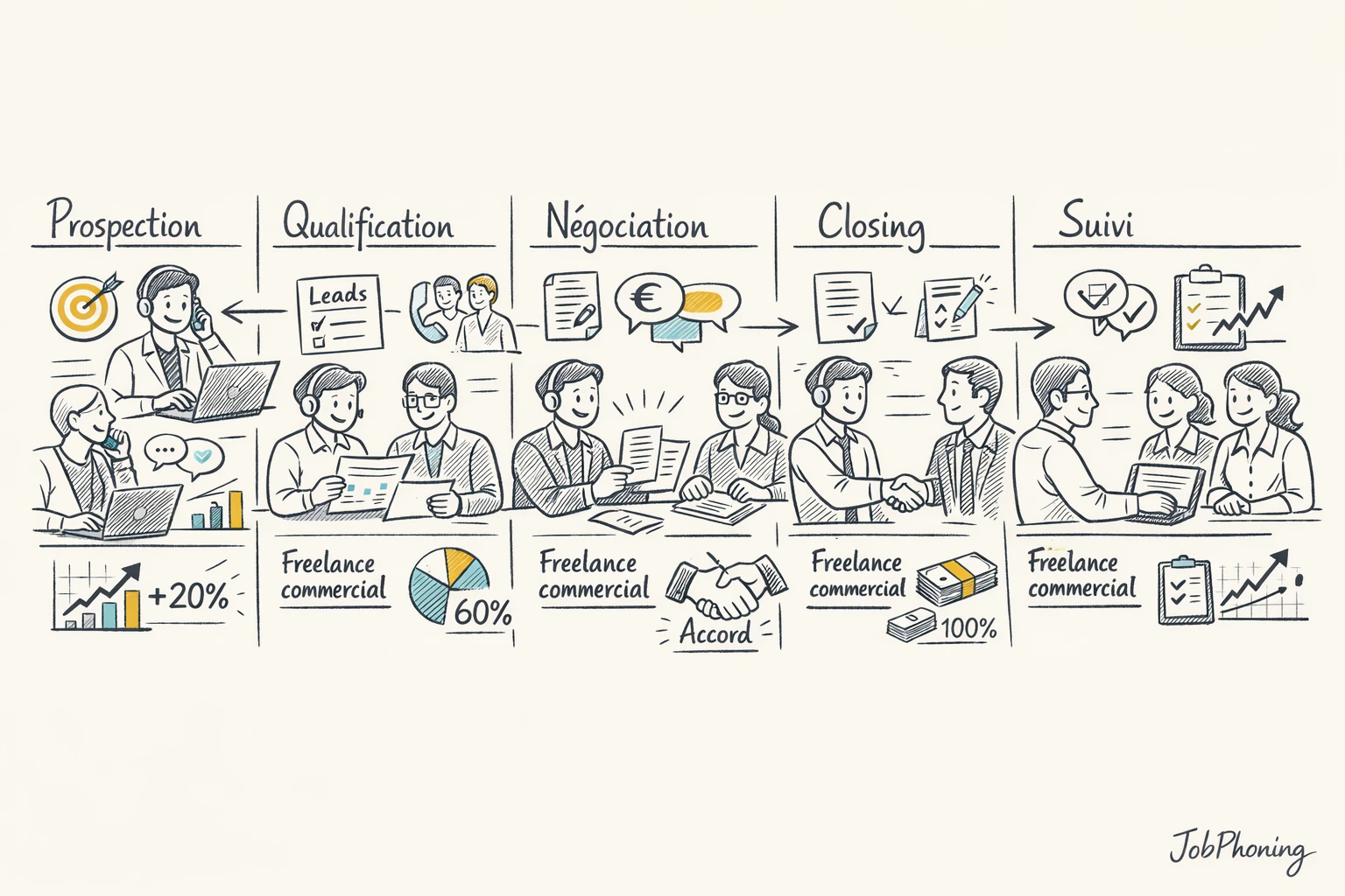 Infographie représentant la contribution d’un freelance commercial via pipeline segmenté et blocs colorés