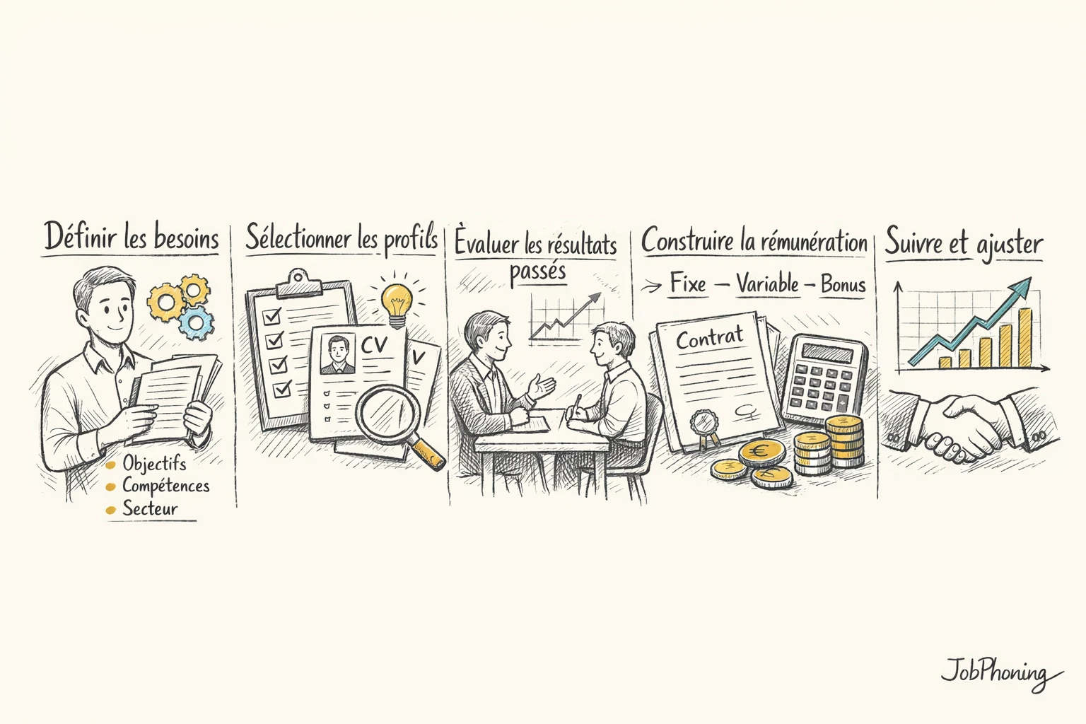 Schéma représentant le recrutement d’un freelance commercial via étapes reliées en flux structuré.