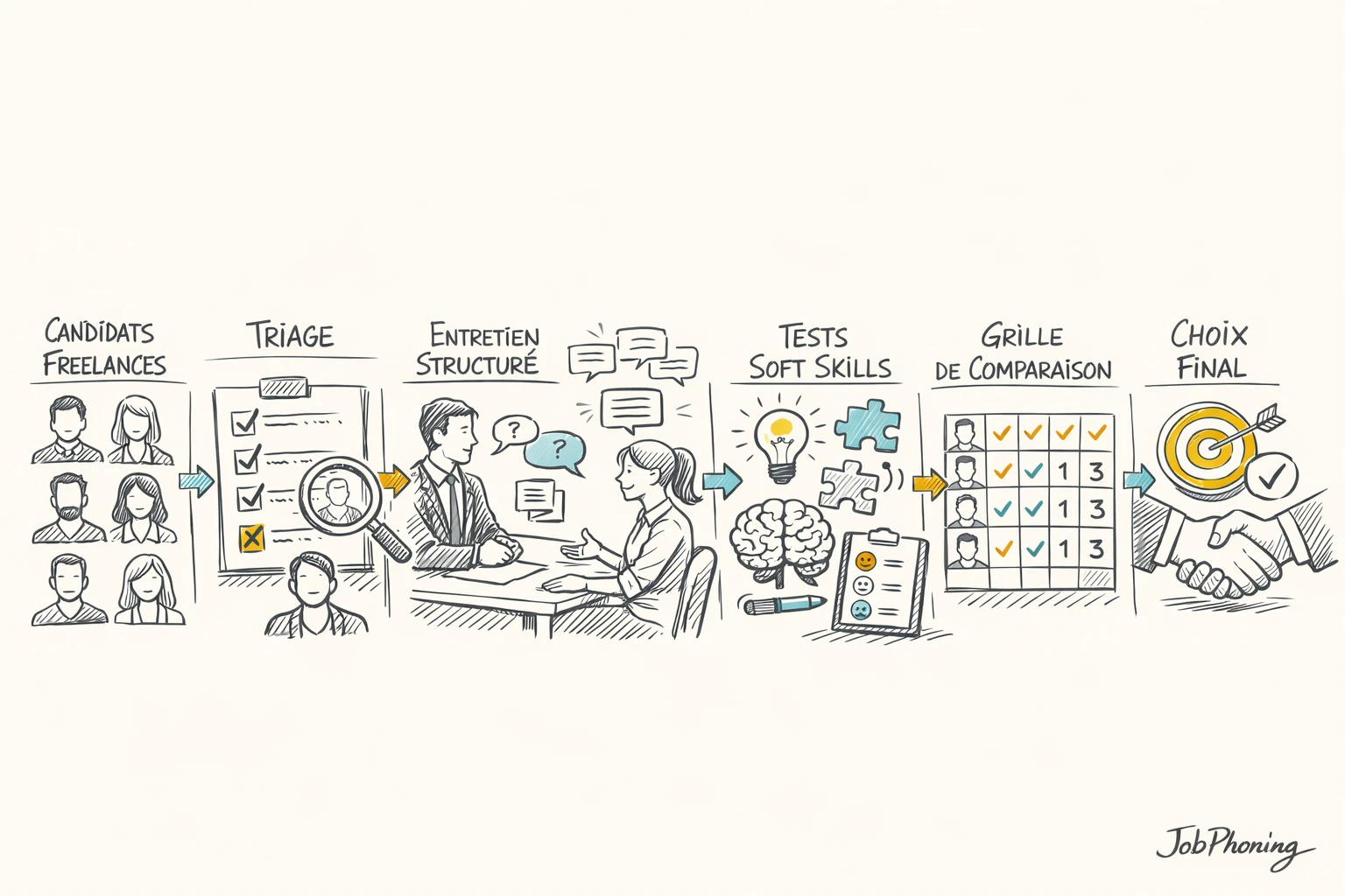 Schéma représentant la sélection d’un freelance commercial via plusieurs blocs reliés illustrant un parcours de