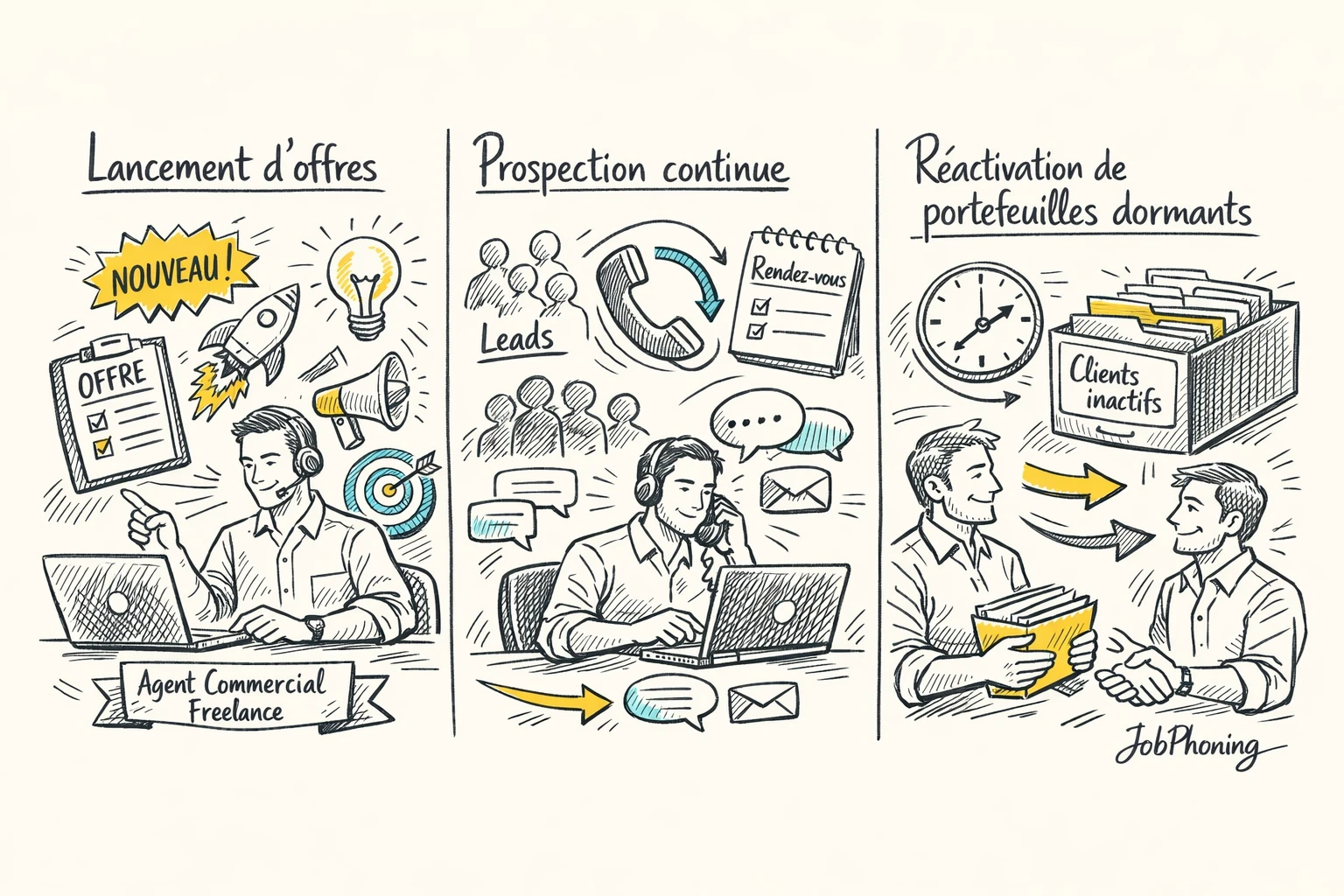 Infographie représentant trois usages d’un freelance commercial via trois colonnes de blocs géométriques colorés.
