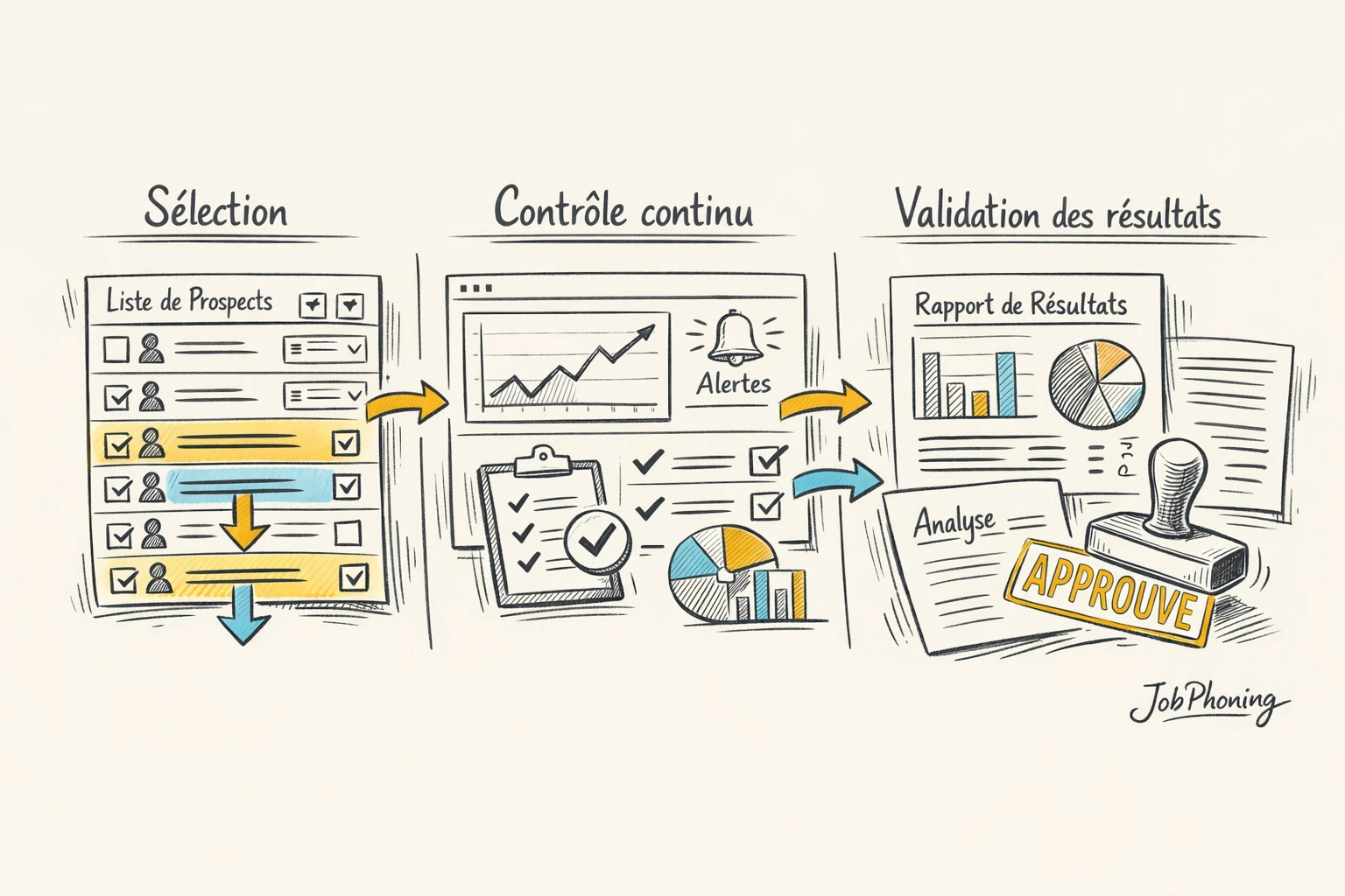 Schéma représentant la sélection et le suivi de freelances commerciaux via flèches, blocs et tableaux