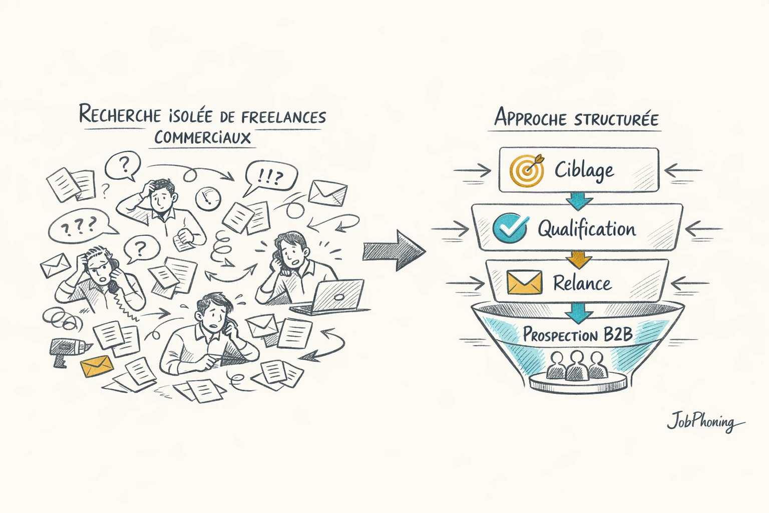 Schéma représentant la difficulté à sélectionner des commerciaux freelances via entonnoir bloqué et pipeline structuré.