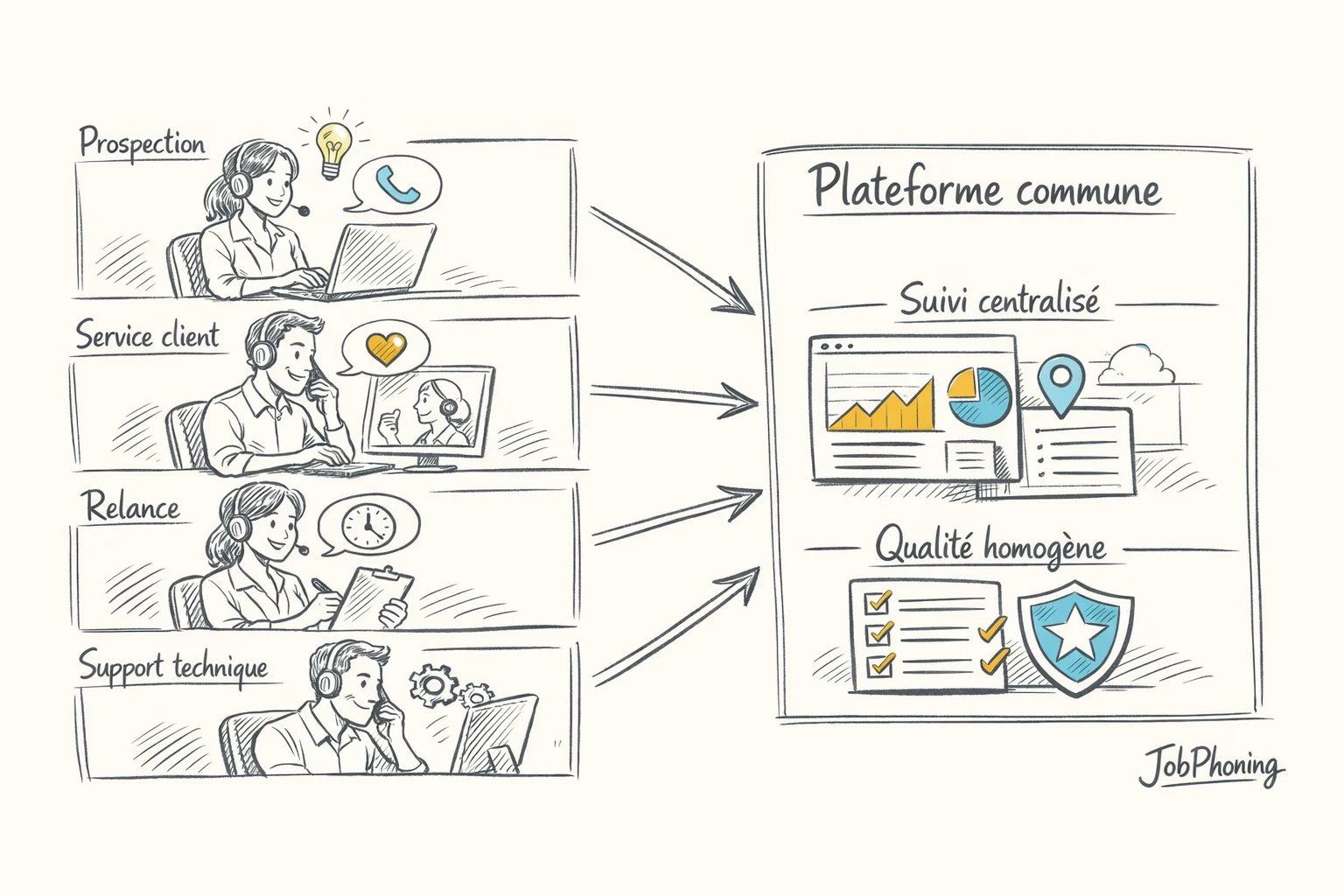 Infographie représentant trois types de campagnes téléphoniques via colonnes colorées et icônes abstraites alignées.