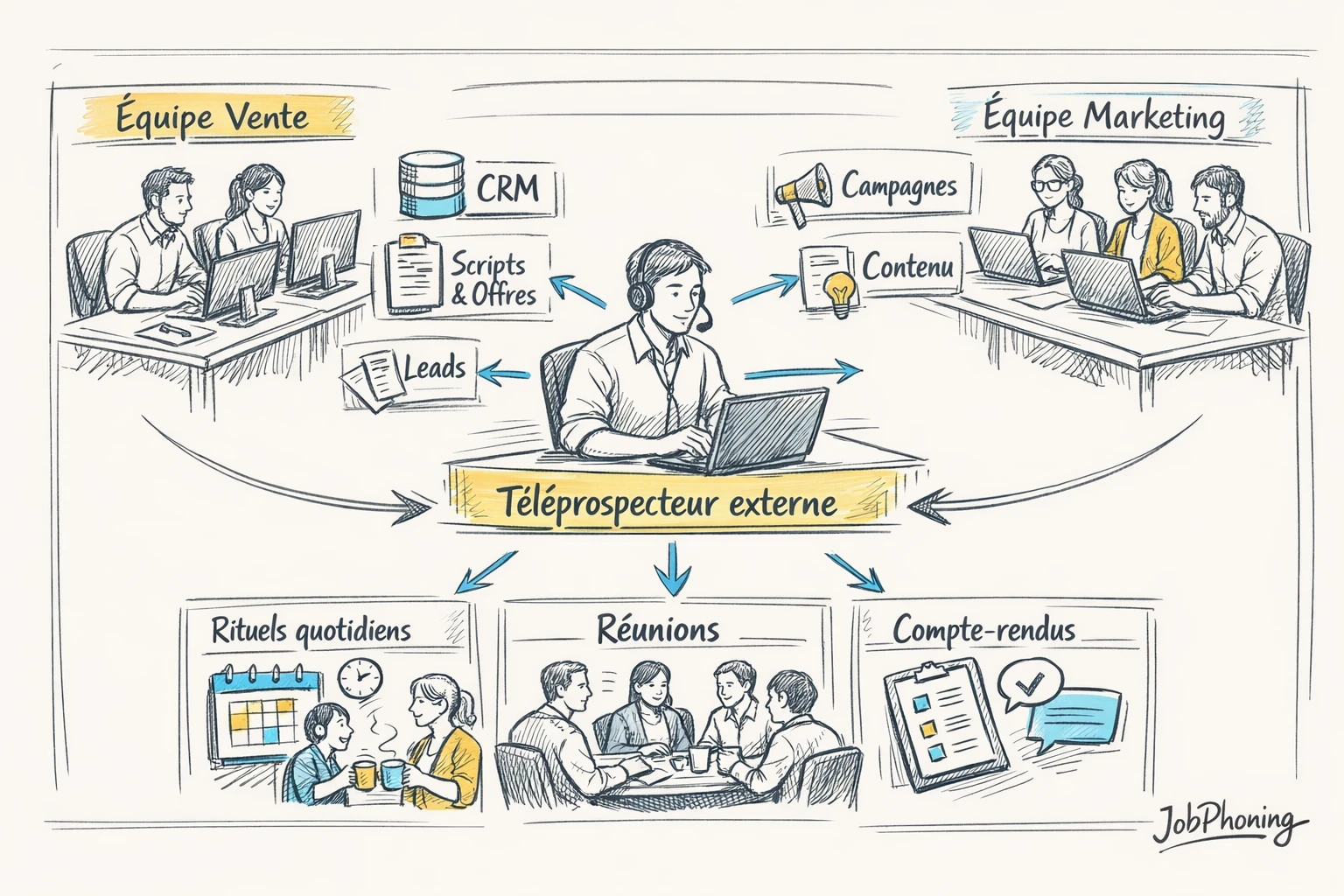 Schéma représentant la connexion d’un téléprospecteur indépendant via un noyau central et plusieurs branches collaboratives