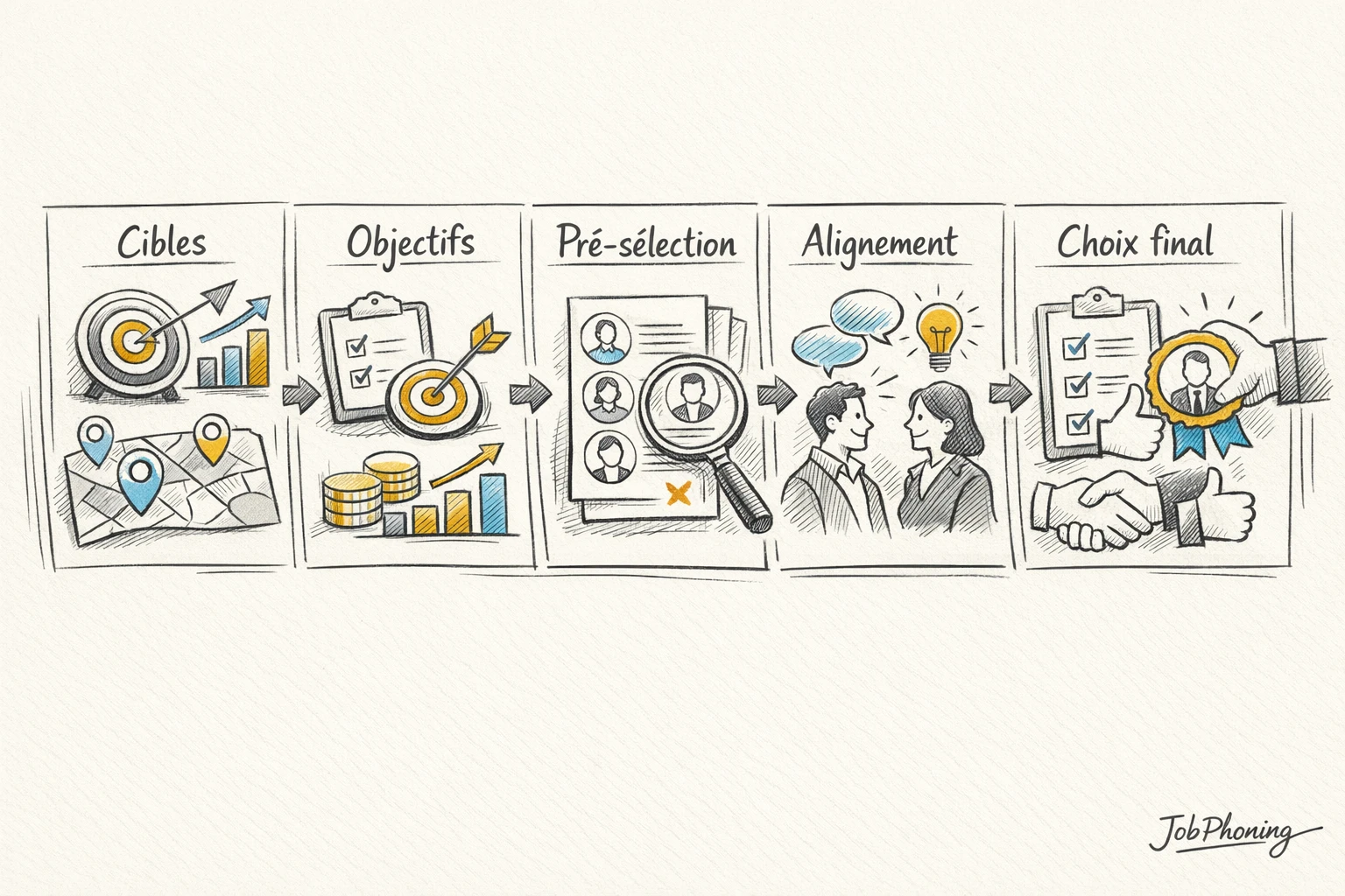 Schéma représentant la sélection structurée d’un téléprospecteur via rectangles reliés, flèches successives et icônes abstraites