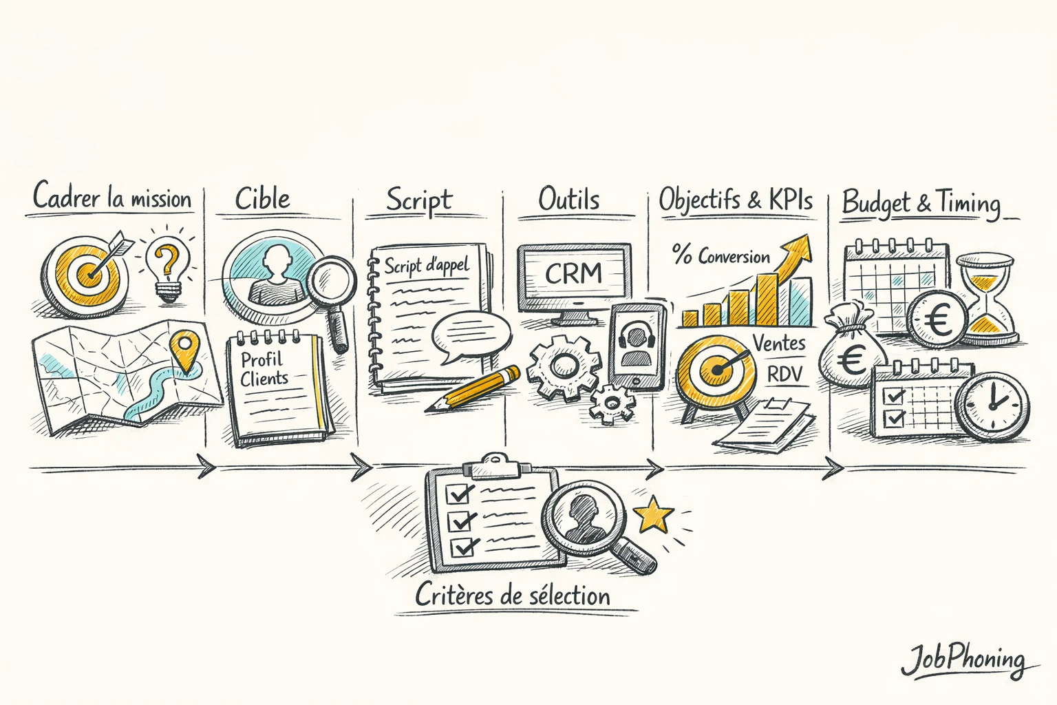 Schéma représentant la préparation d’un brief de mission via blocs successifs et flèches minimalistes