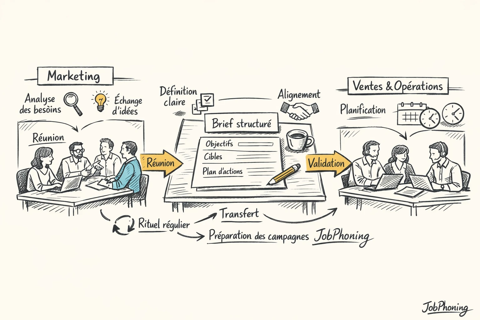 Infographie représentant la centralisation du brief via un document relié à trois pôles circulaires