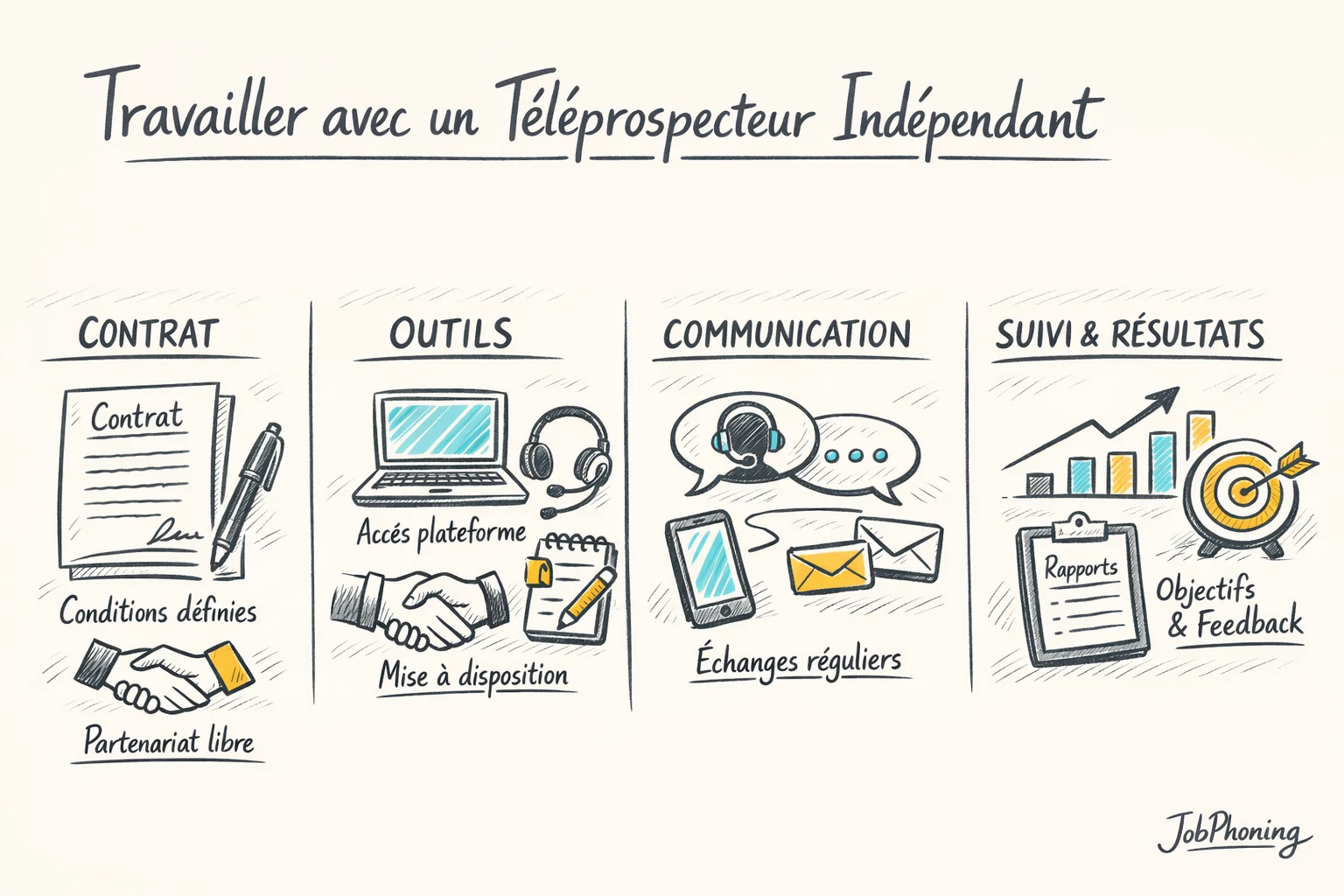 Schéma représentant la collaboration avec un téléprospecteur indépendant via plusieurs blocs reliés par des flèches