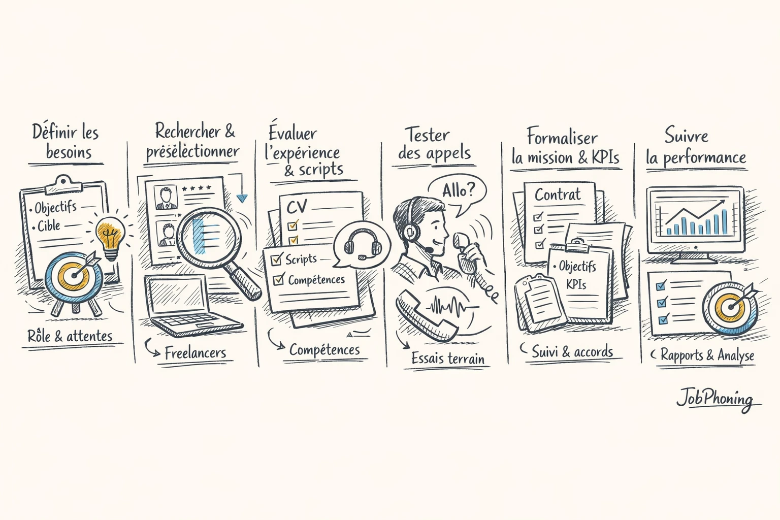 Schéma représentant le cadrage d’une mission de téléprospection via plusieurs blocs reliés et flèches séquentielles