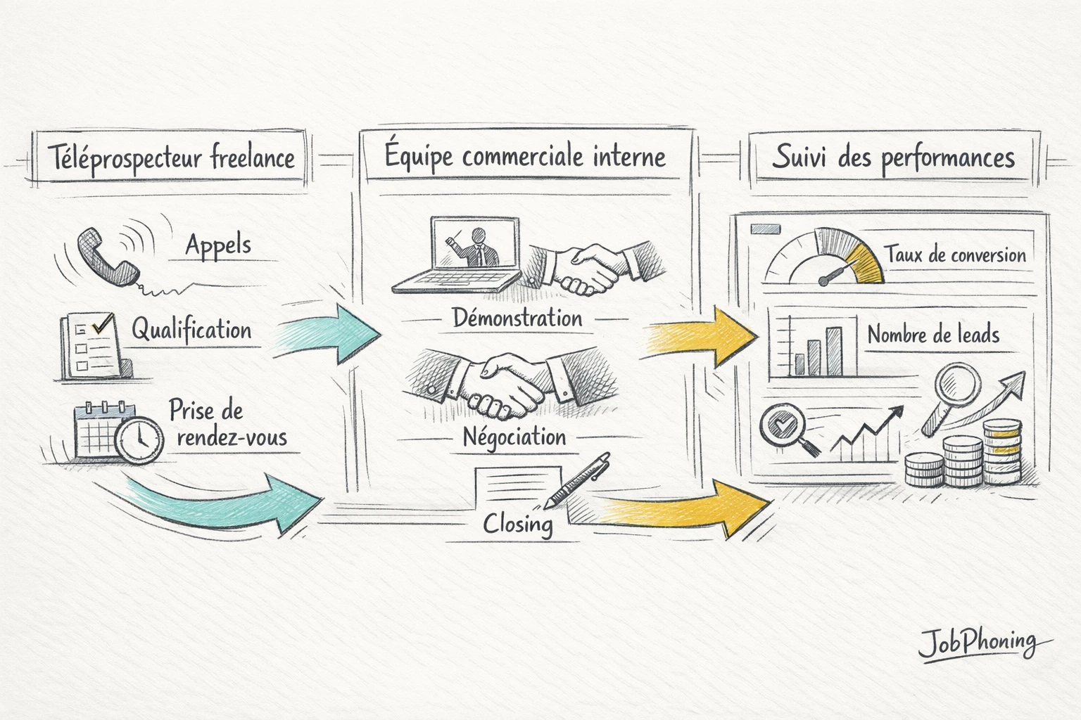 Schéma représentant la collaboration téléprospecteur freelance et équipe commerciale via noyau central et cercles reliés.