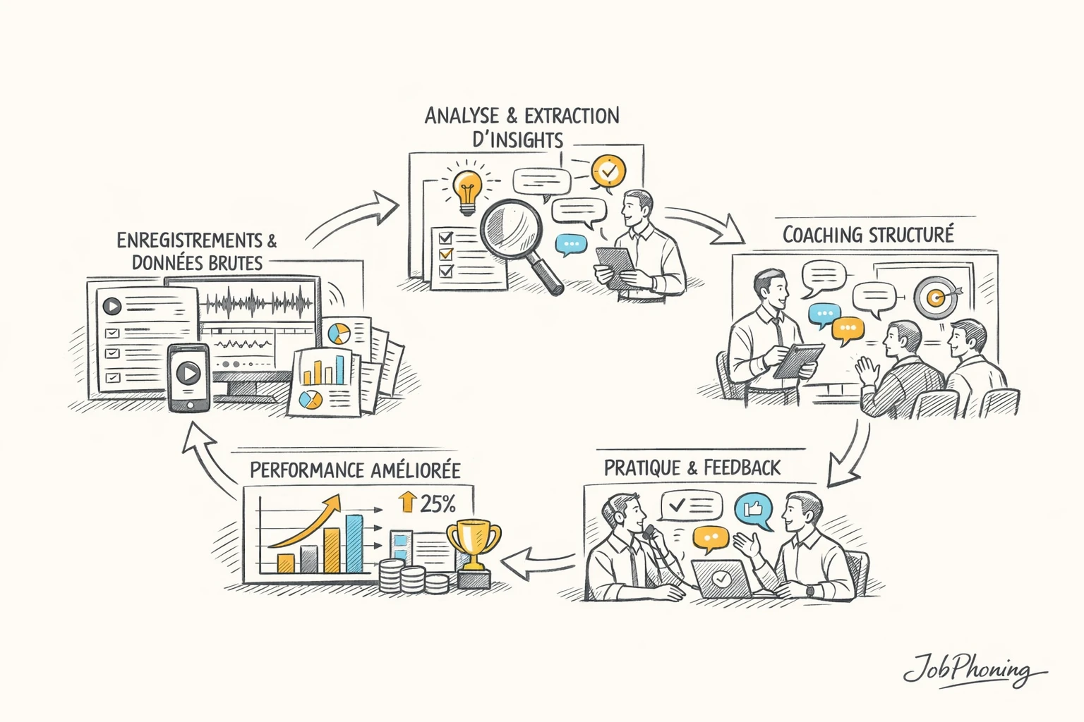 Schéma représentant un parcours d’amélioration continue via flux de données, coaching et tableaux de bord