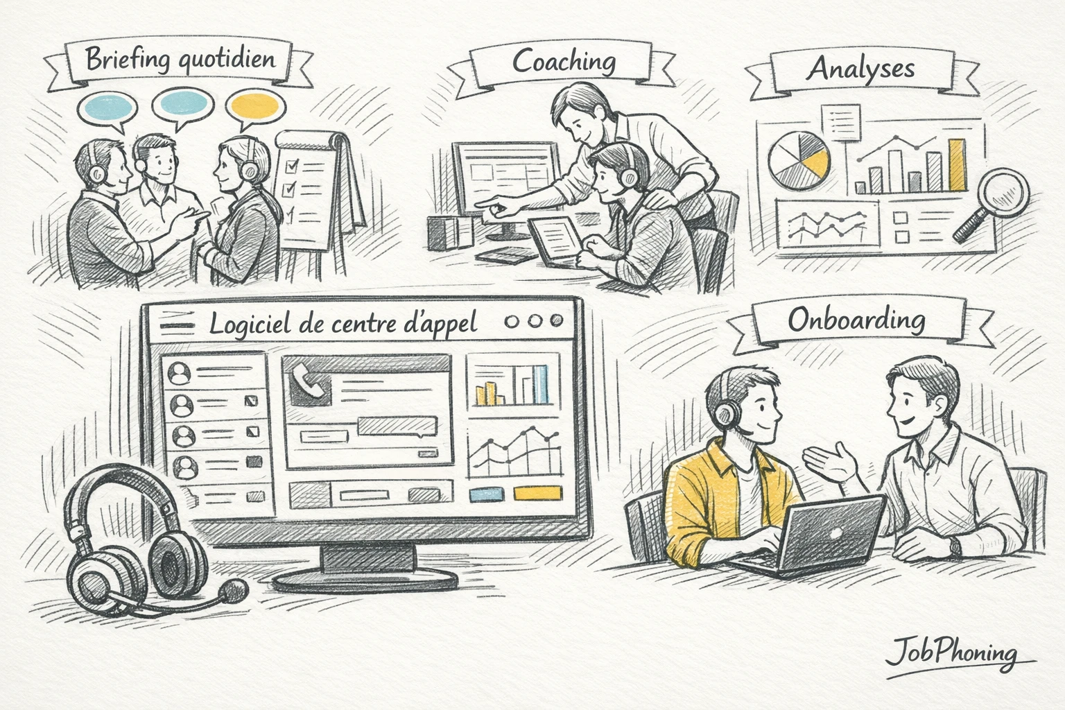 Schéma représentant l’ancrage du logiciel d’appels via un tableau central relié à plusieurs modules rituels.