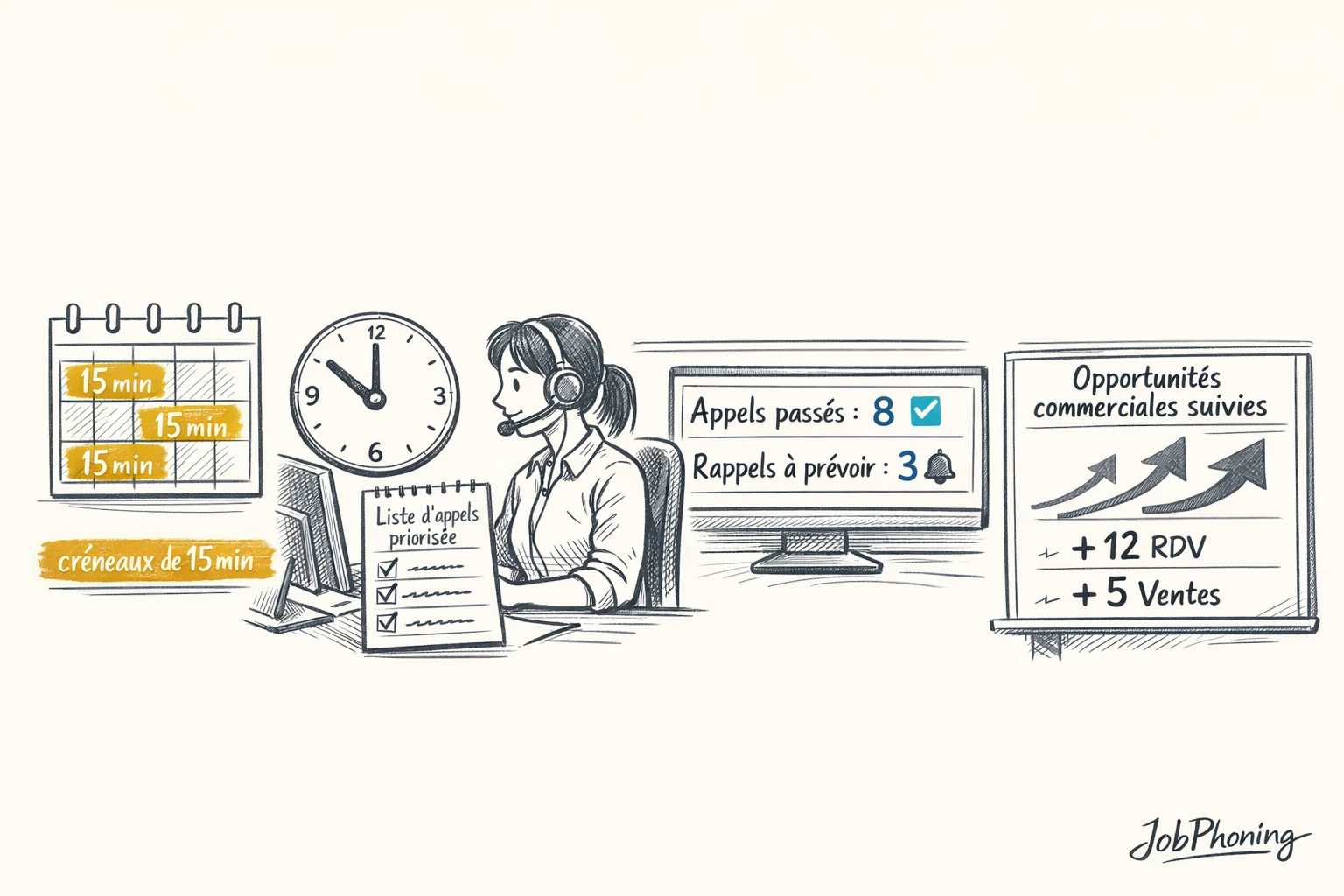 Schéma représentant l’organisation de missions d’appels flexibles via blocs reliés et flèches séquentielles