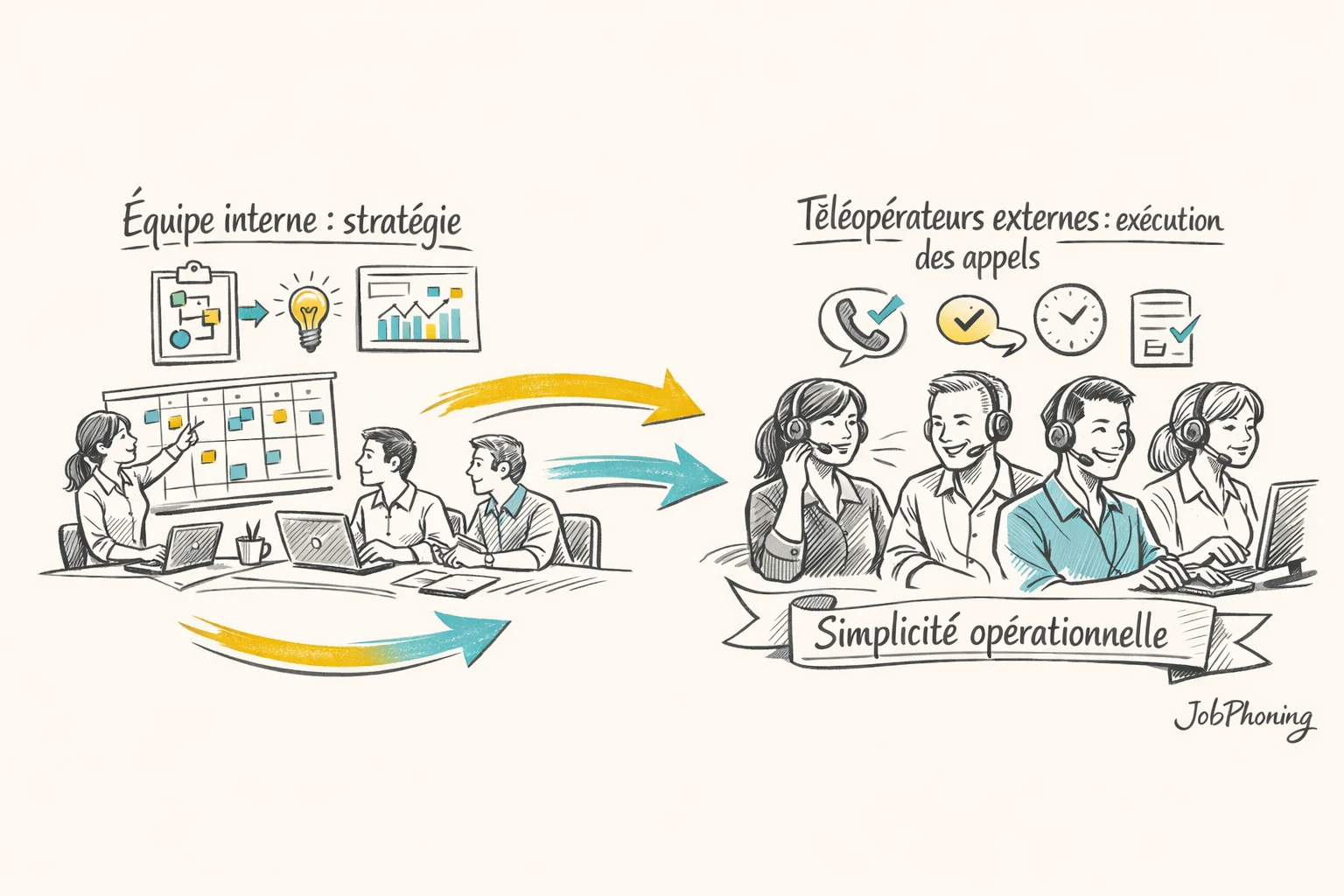 Schéma représentant la collaboration phoning interne-externe via un hub central bleu connecté à plusieurs blocs
