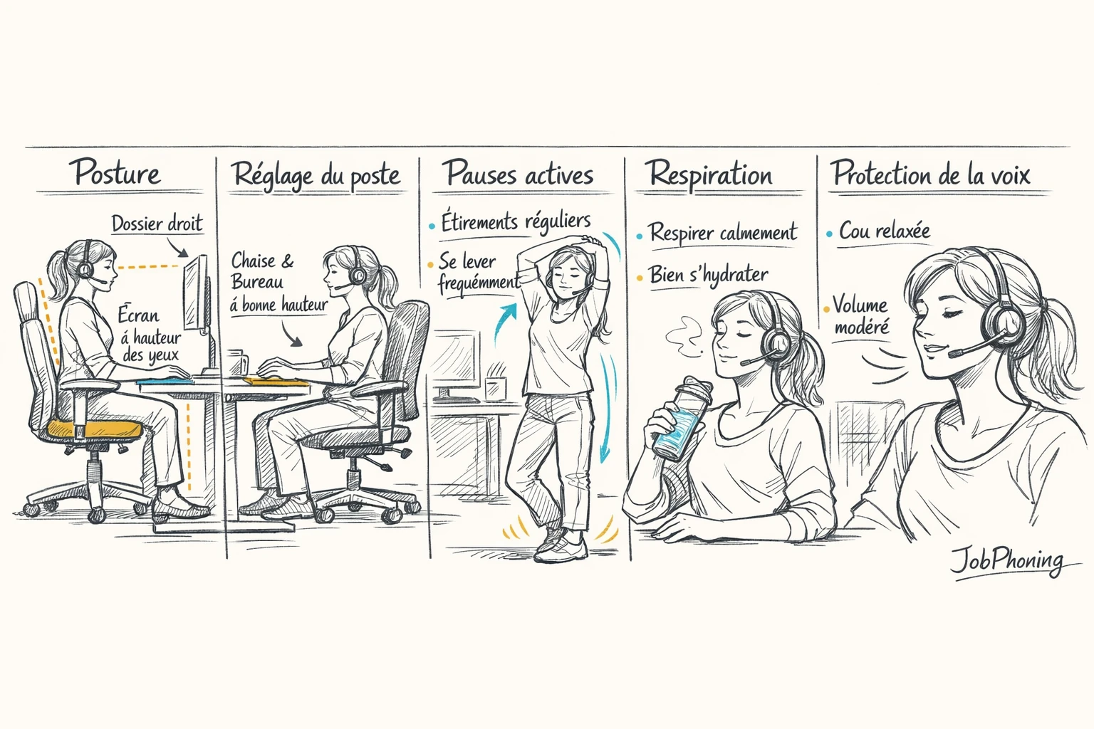 Schéma représentant l’ergonomie d’un poste homeshoring via icônes de bureau, écran, casque et flèches séquentielles.