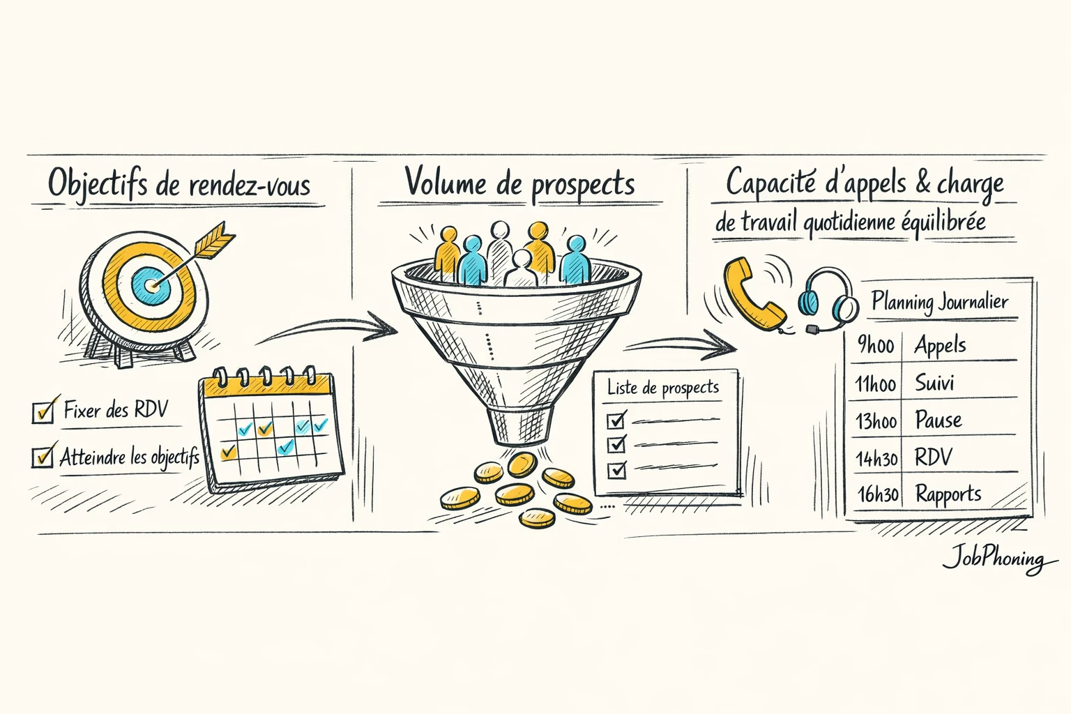 Schéma représentant l’alignement objectifs, capacité d’appels et volume prospects via pipeline, cibles, blocs géométriques organisés.