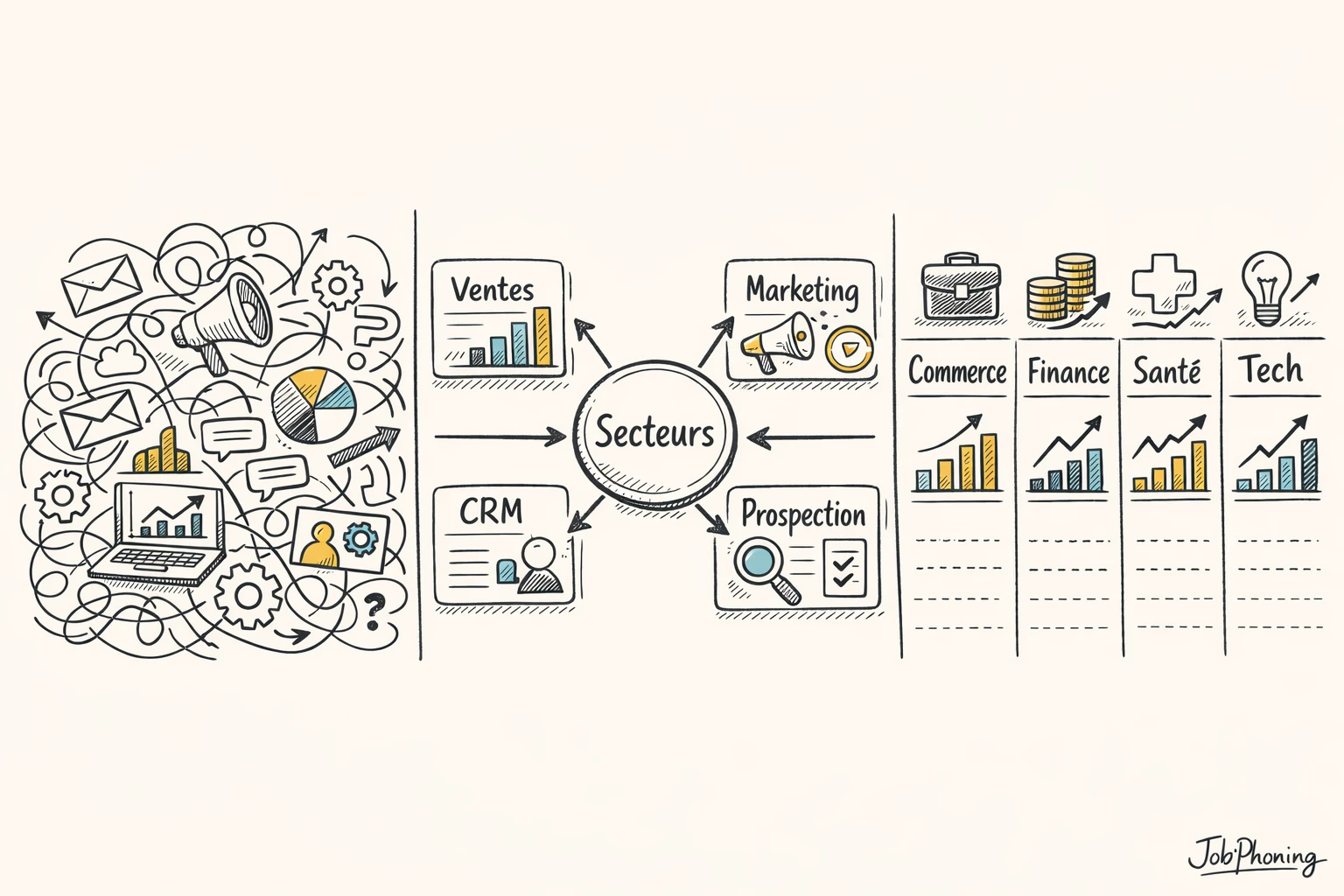 Schéma représentant la spécialisation B2B via un hub central connecté à plusieurs colonnes sectorielles colorées.