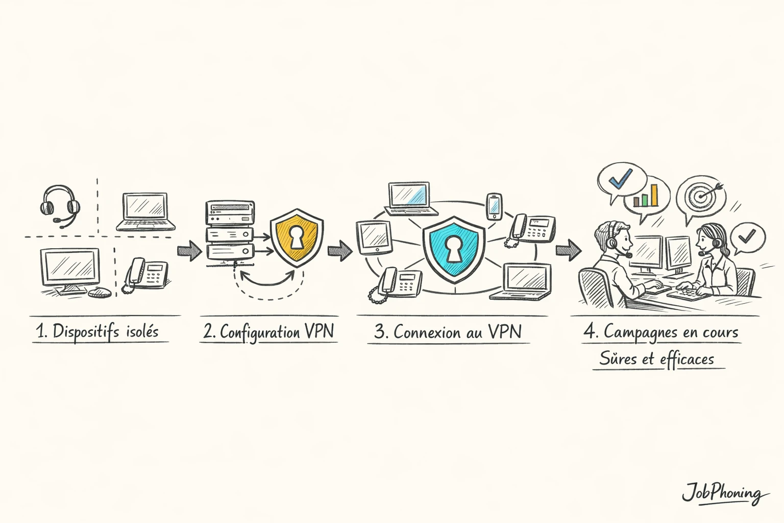Schéma représentant le déploiement d’un VPN multiplateforme via flux d’étapes et appareils connectés.