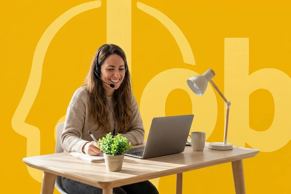Une téléopératrice indépendante réalise une mission d'appels depuis son casque sur la place de marché JobPhoning