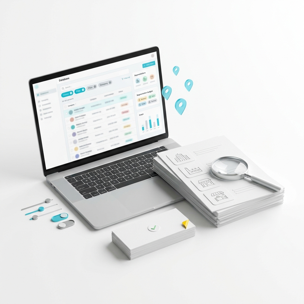 Base de donnees B2B ciblee, fiches entreprises, loupe et filtres de selection