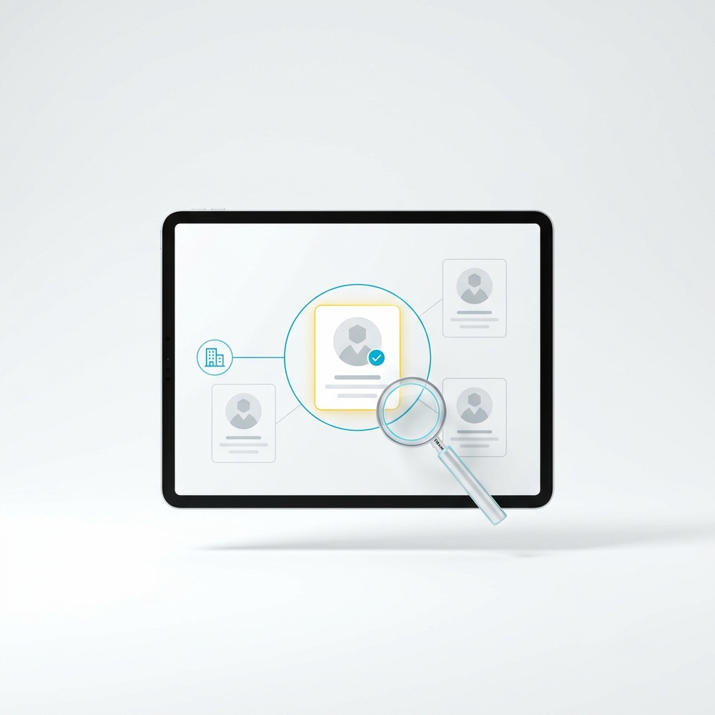 Interface ciblage decideurs B2B, organigramme profils et selection interlocuteur