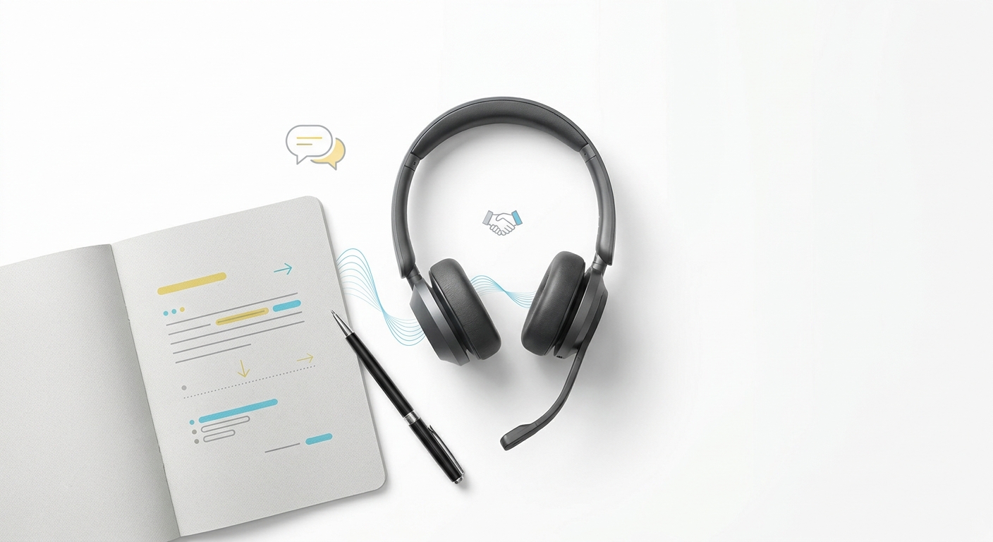 Casque telephonique professionnel, carnet script appel, onde audio et bulle conversation