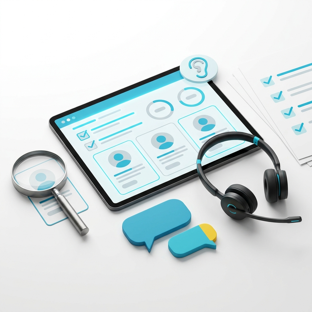 Tablette qualification commerciale, loupe analyse besoin et bulles conversation